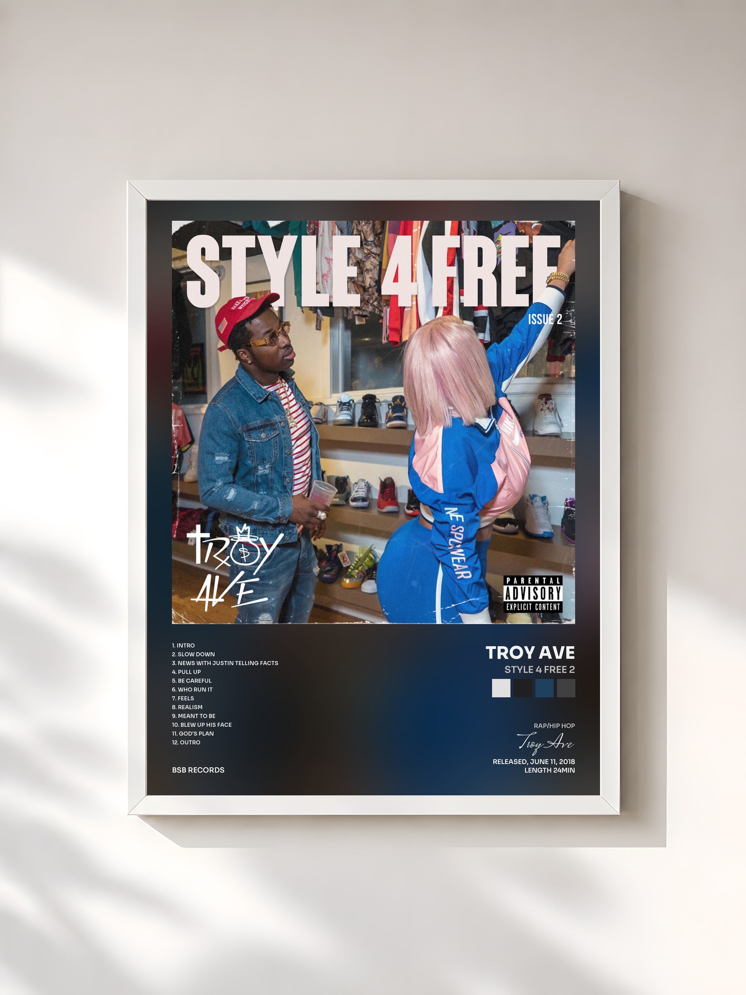 #blanc Tableau de l'album Style 4 Free 2 de Troy Ave, cadre blanc, imprimé et encadré en France