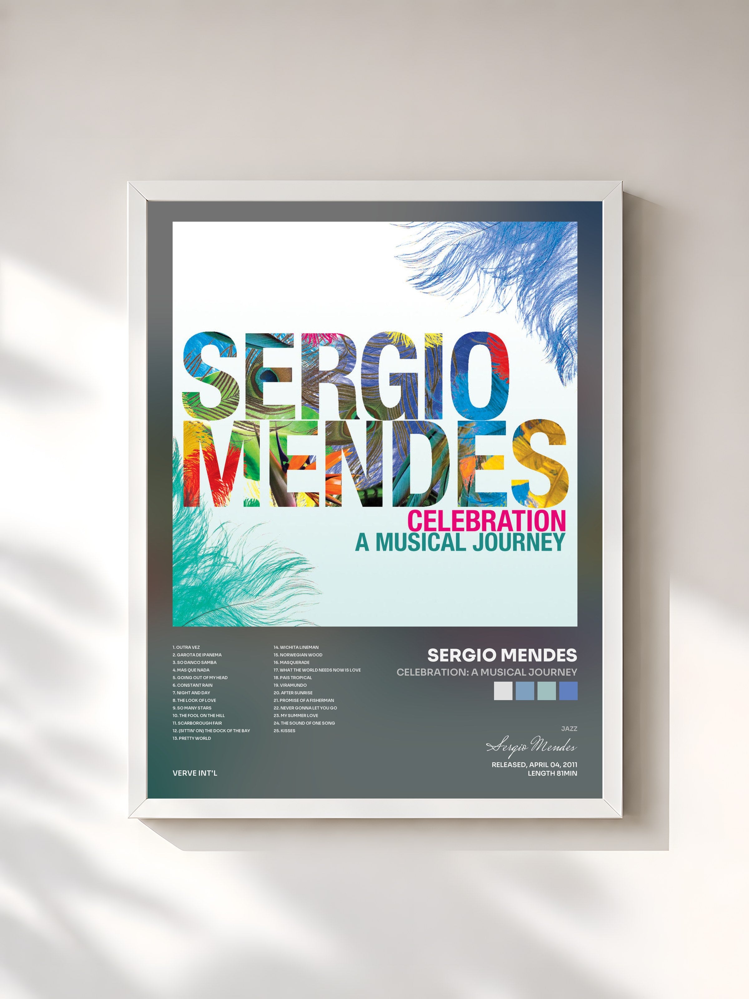 #blanc Tableau de l'album Celebration: A Musical Journey de Sergio Mendes, cadre blanc, imprimé et encadré en France