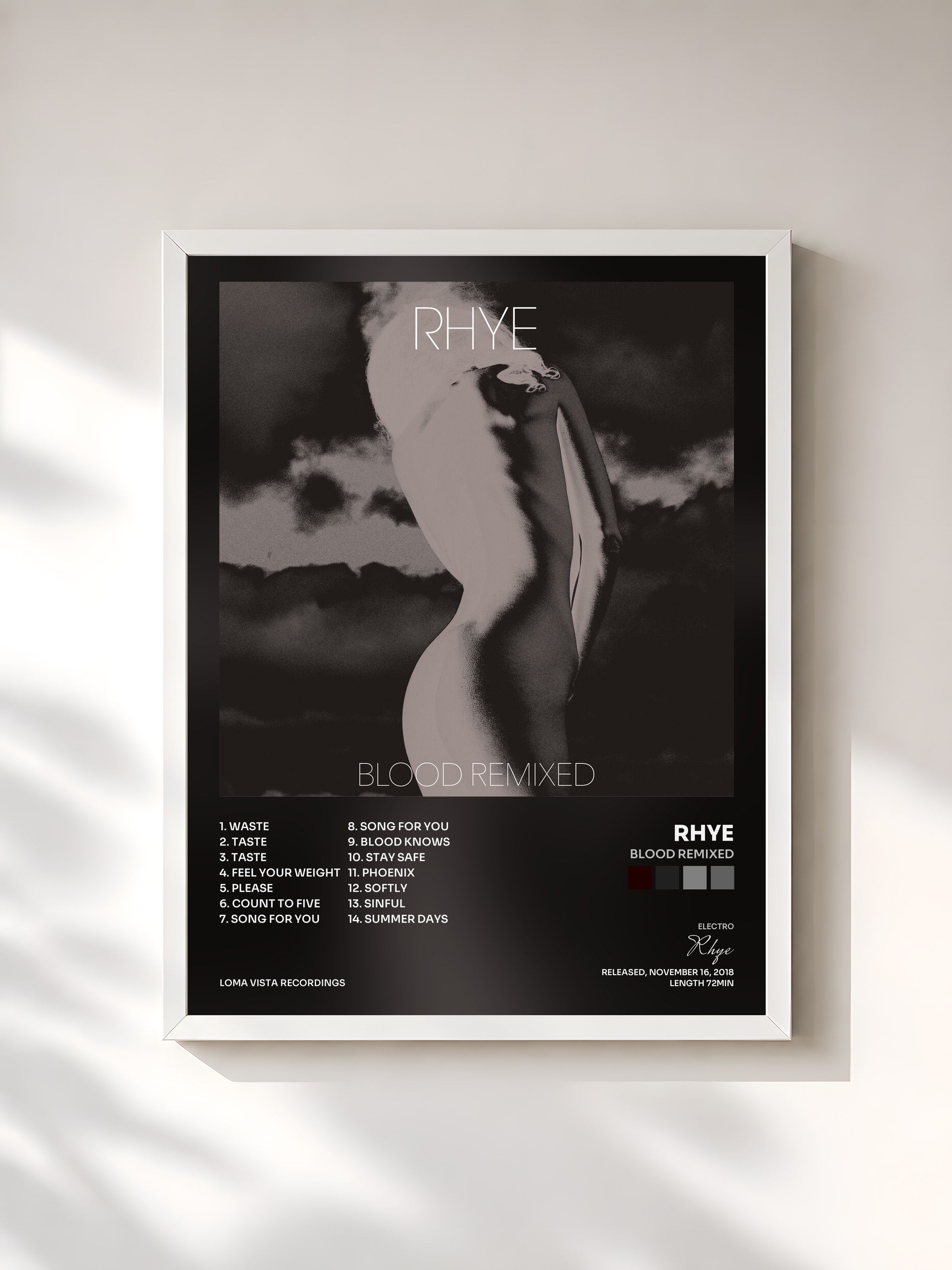 #blanc Tableau de l'album Blood Remixed de Rhye, cadre blanc, imprimé et encadré en France