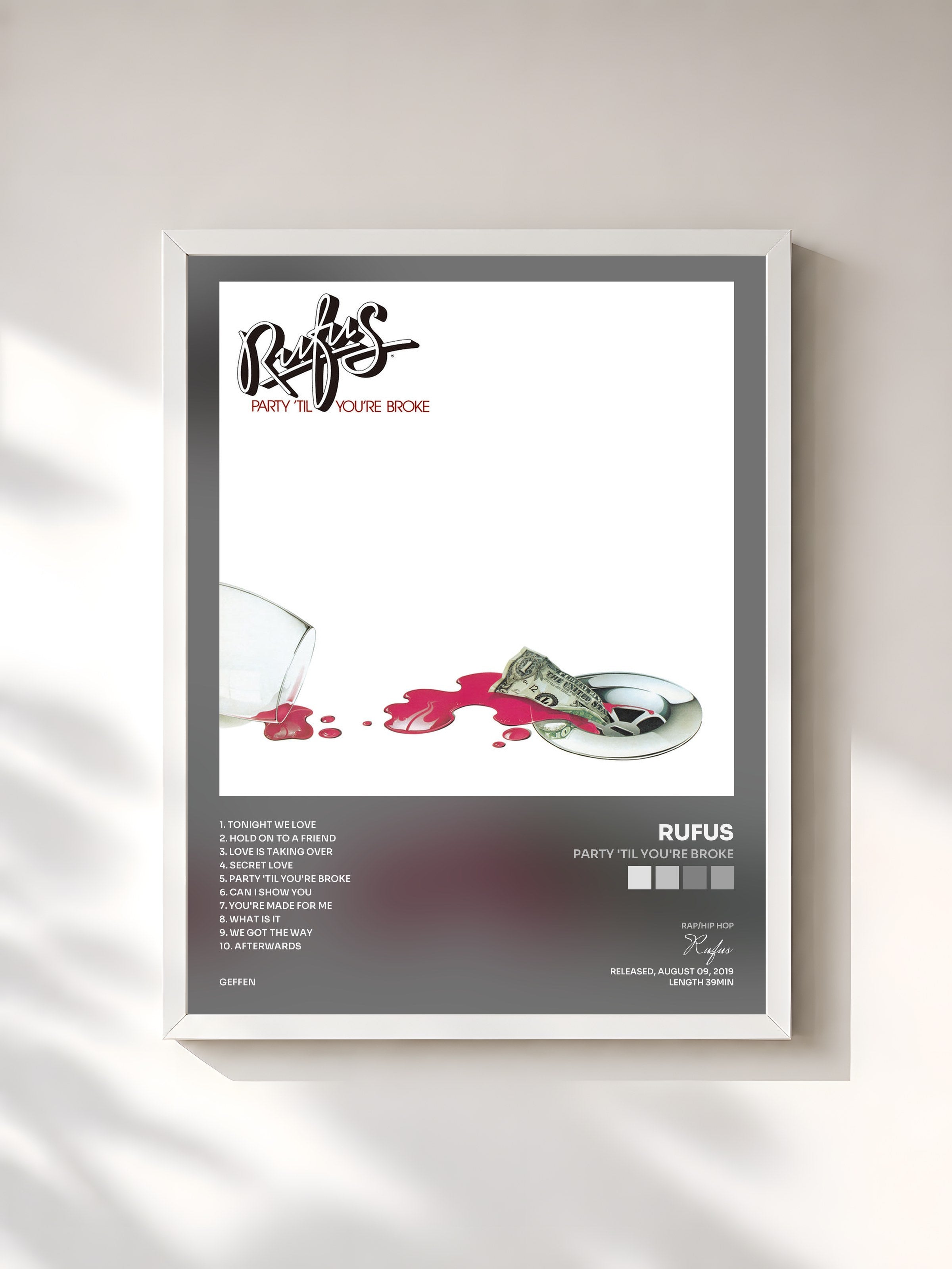 #blanc Tableau de l'album Party 'Til You're Broke de Rufus, cadre blanc, imprimé et encadré en France