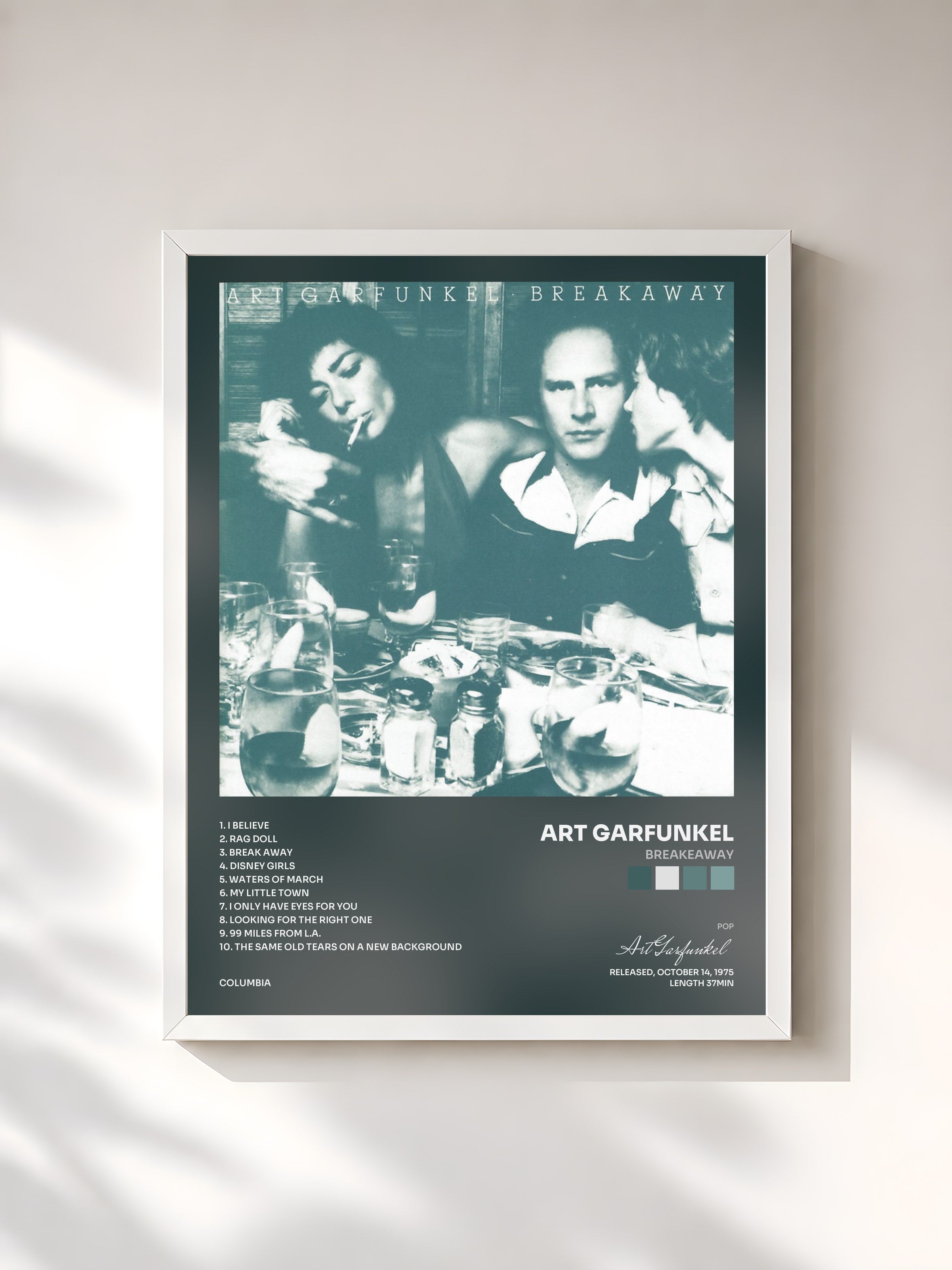 #blanc Tableau de l'album Breakeaway de Art Garfunkel, cadre blanc, imprimé et encadré en France