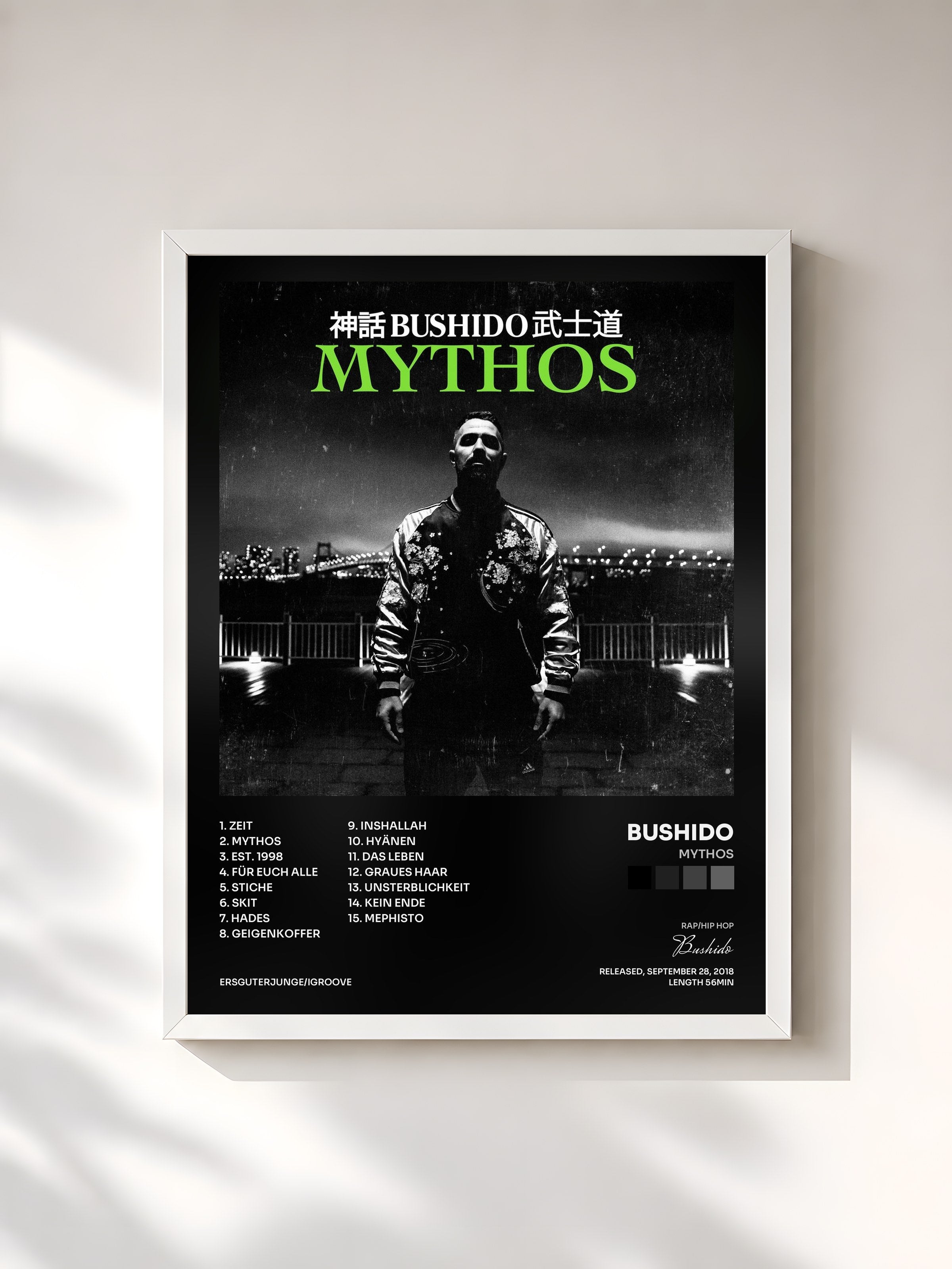 #blanc Tableau de l'album Mythos de Bushido, cadre blanc, imprimé et encadré en France