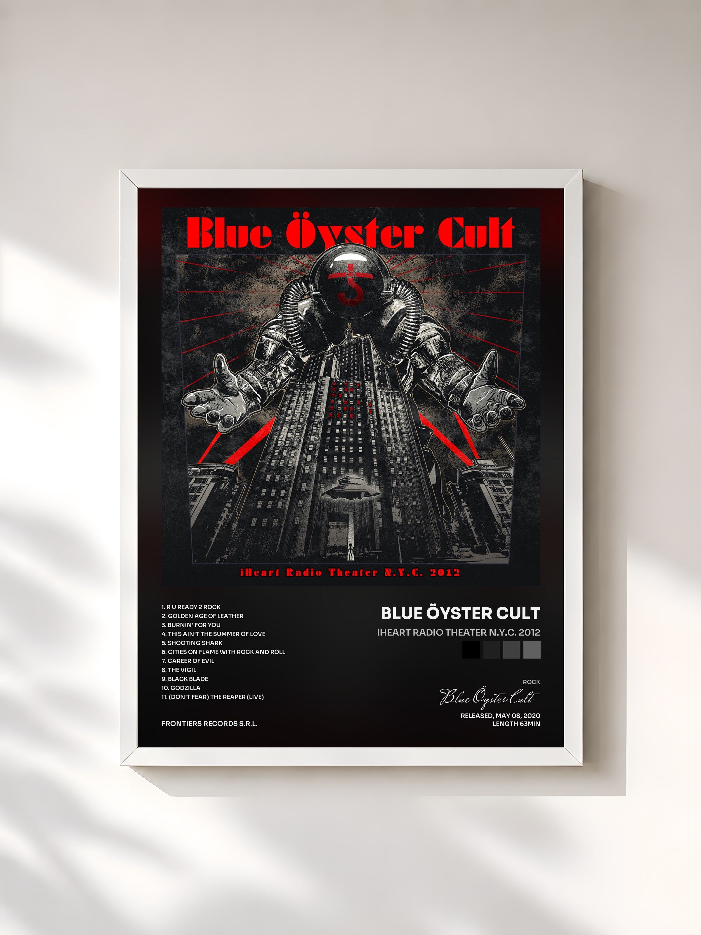 #blanc Tableau de l'album iHeart Radio Theater N.Y.C. 2012 de Blue Öyster Cult, cadre blanc, imprimé et encadré en France