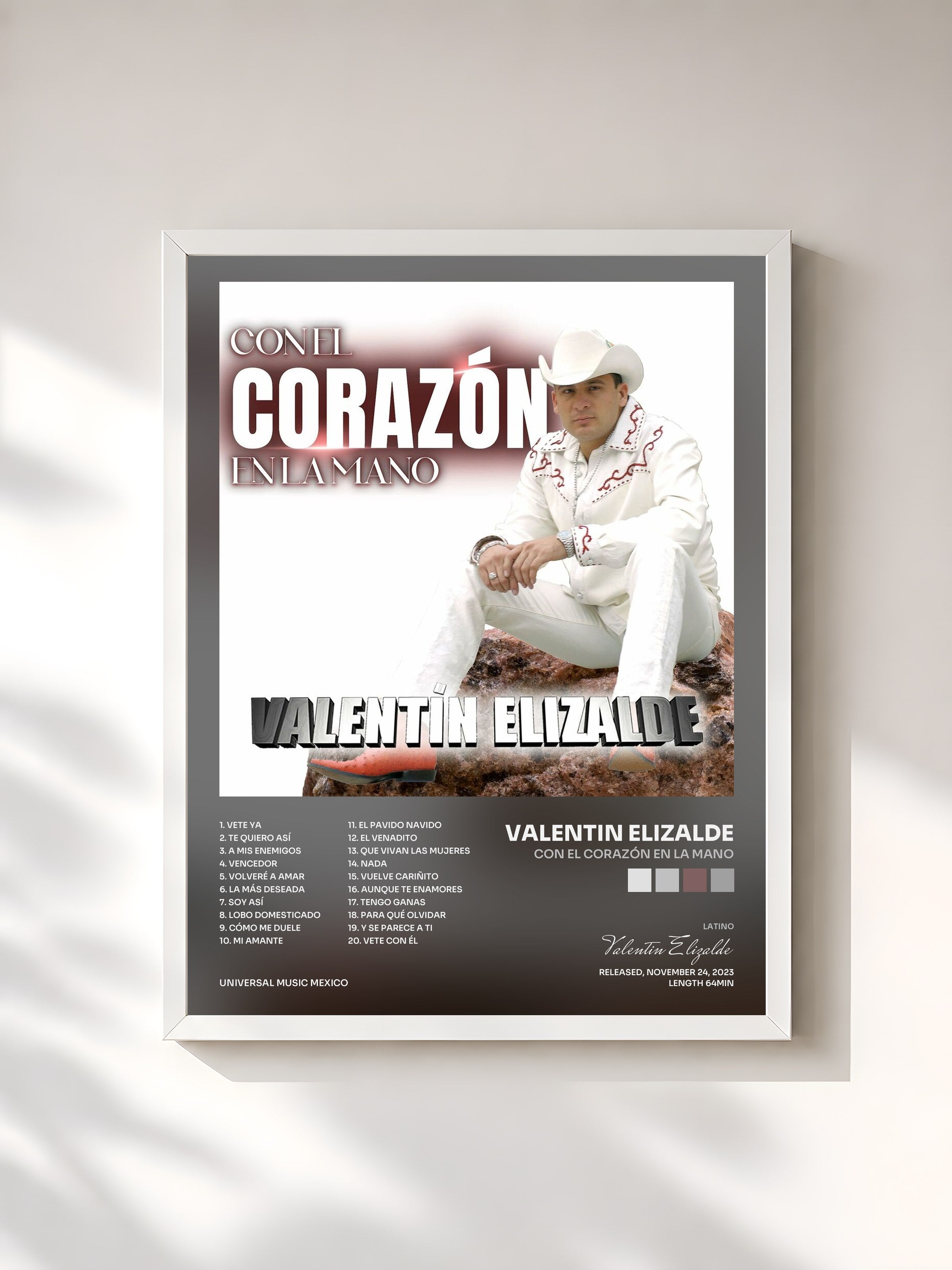#blanc Tableau de l'album Con El Corazón En La Mano de Valentin Elizalde, cadre blanc, imprimé et encadré en France