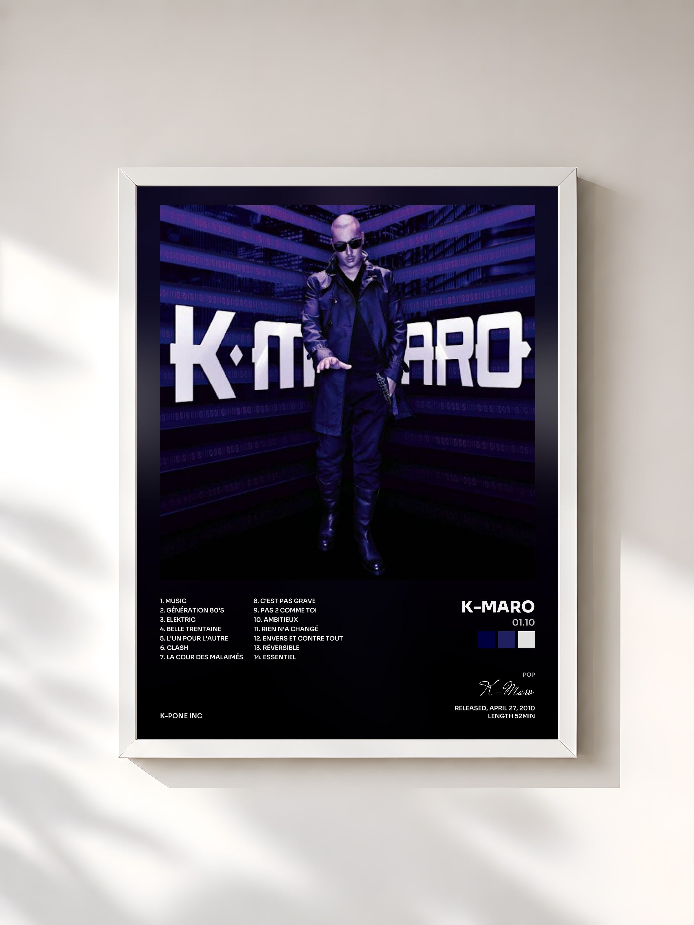#blanc Tableau de l'album 01.10 de K-Maro, cadre blanc, imprimé et encadré en France
