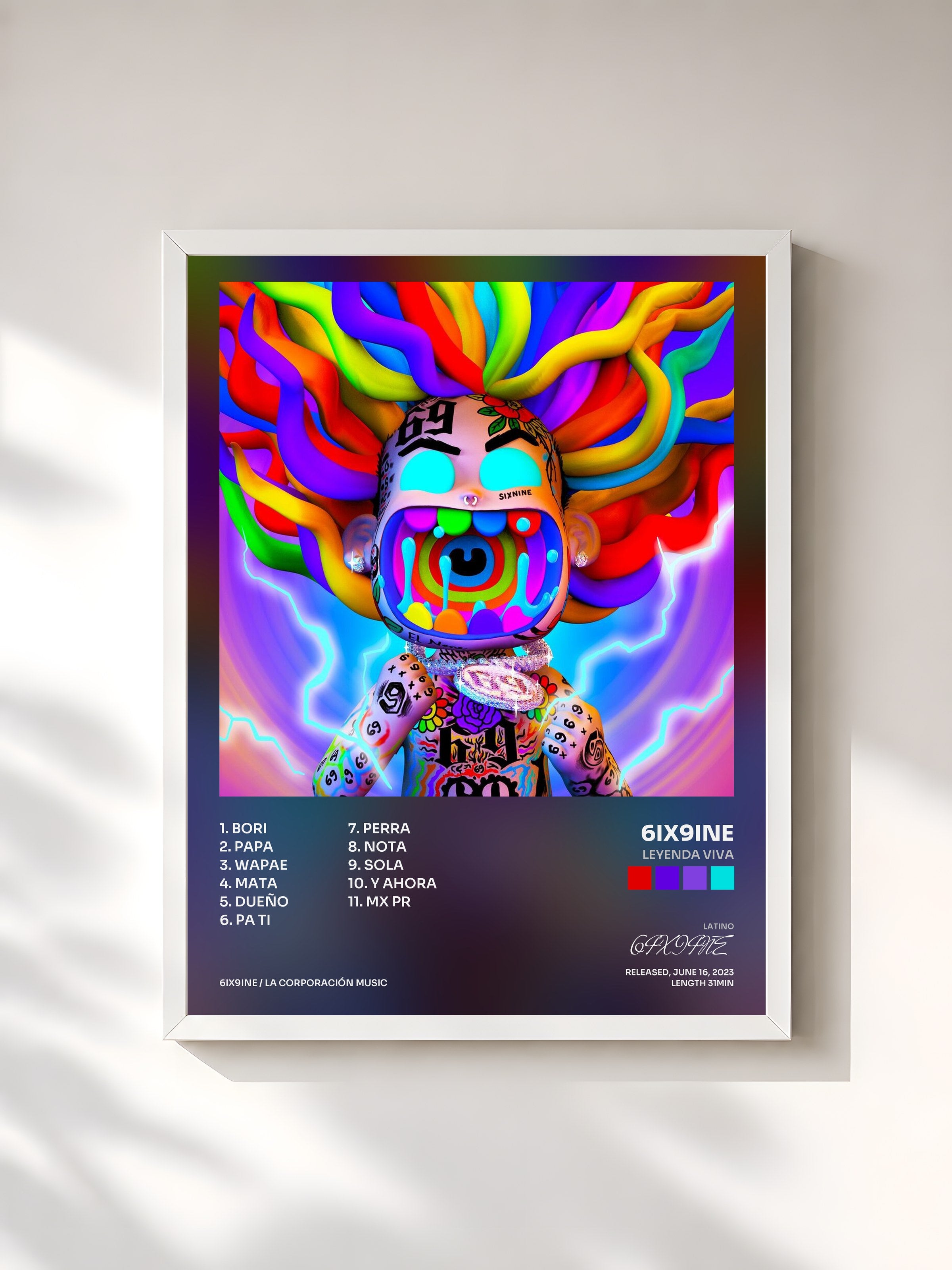 #blanc Tableau de l'album Leyenda Viva de 6IX9INE, cadre blanc, imprimé et encadré en France