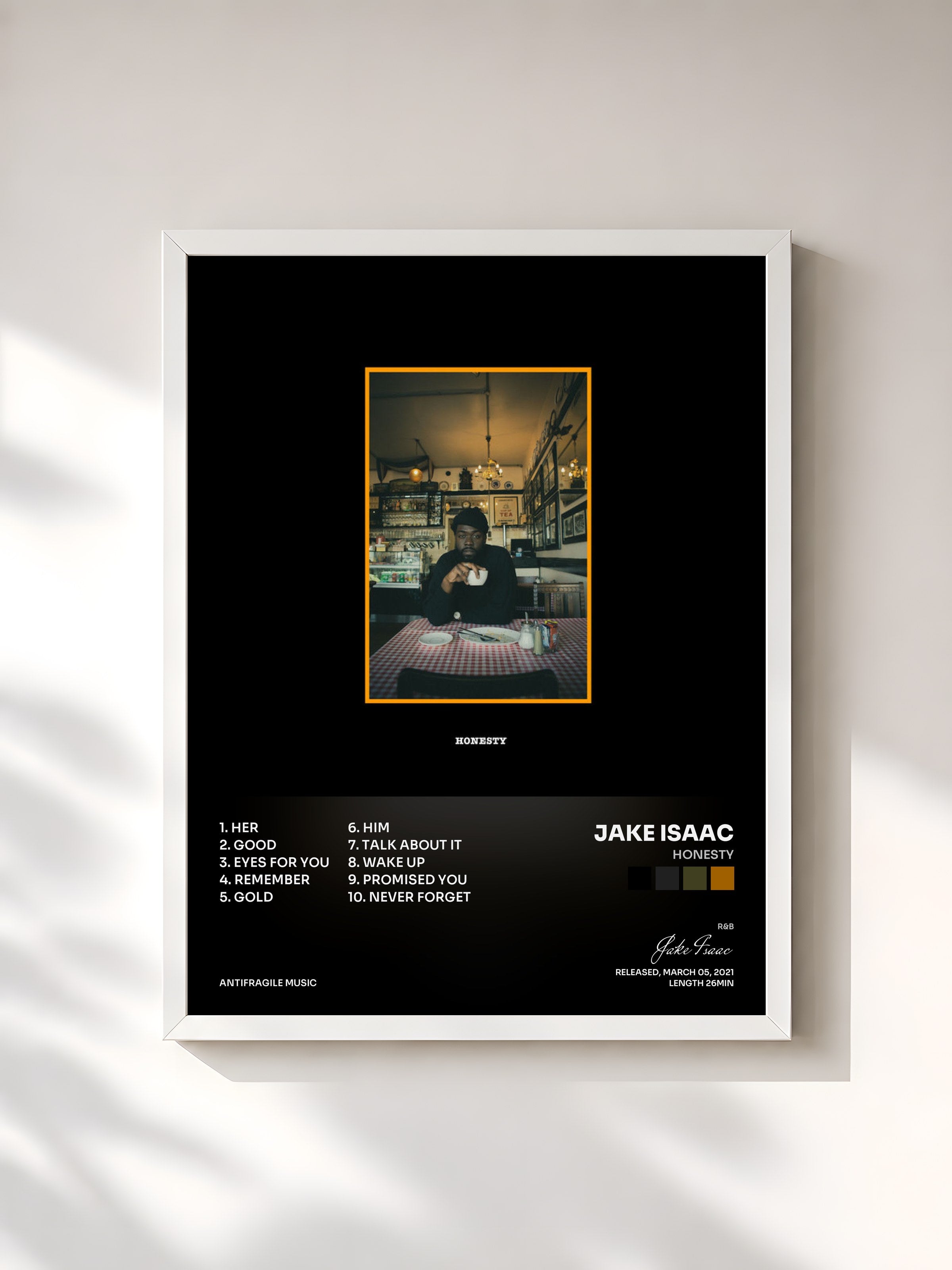 #blanc Tableau de l'album Honesty de Jake Isaac, cadre blanc, imprimé et encadré en France