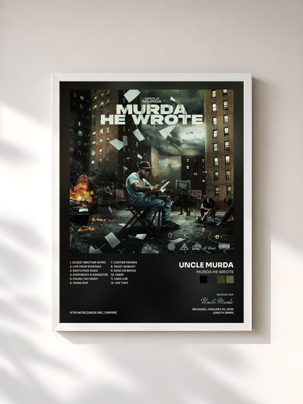 #blanc Tableau de l'album MURDA HE WROTE de Uncle Murda, cadre blanc, imprimé et encadré en France