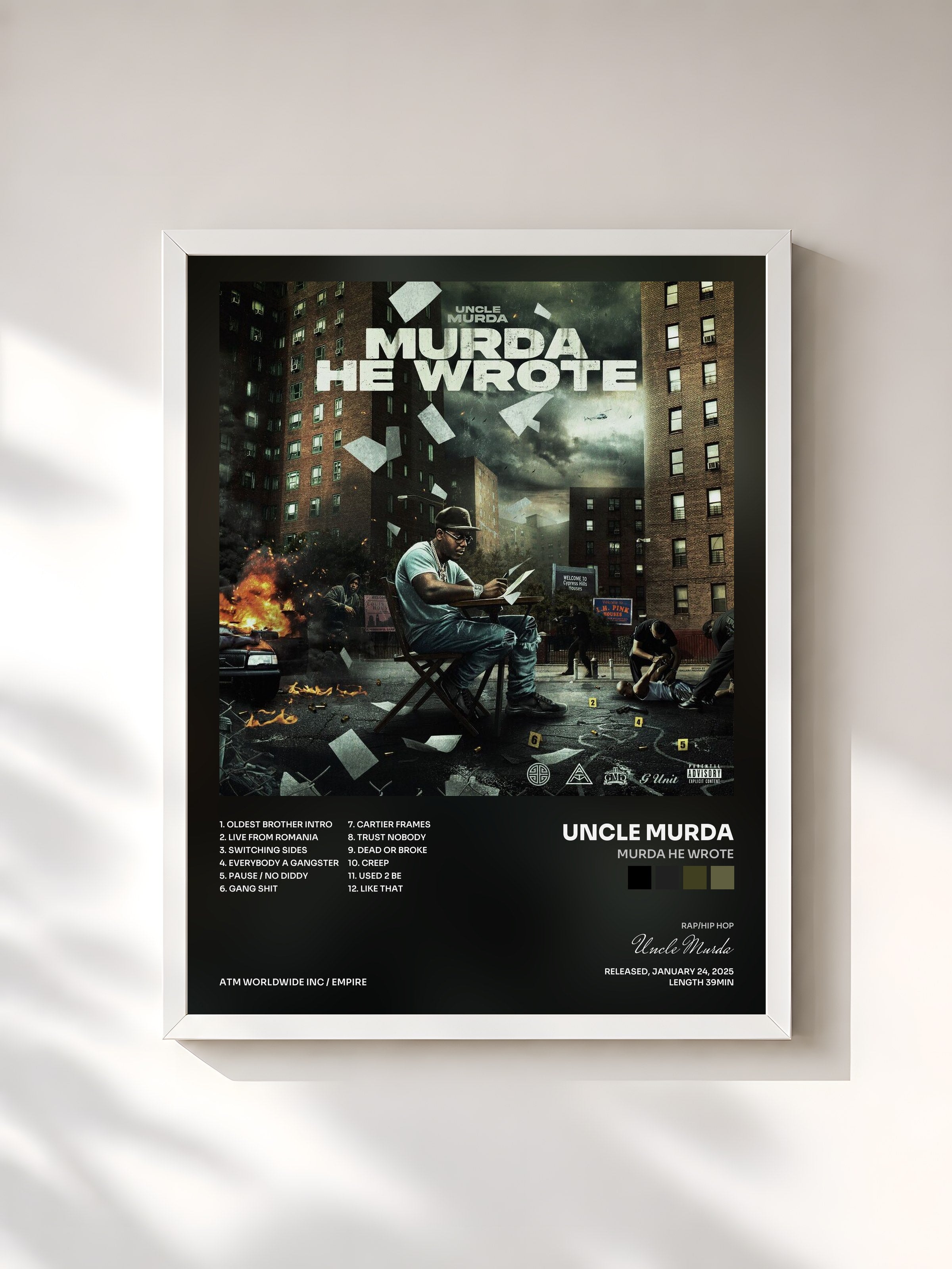 #blanc Tableau de l'album MURDA HE WROTE de Uncle Murda, cadre blanc, imprimé et encadré en France