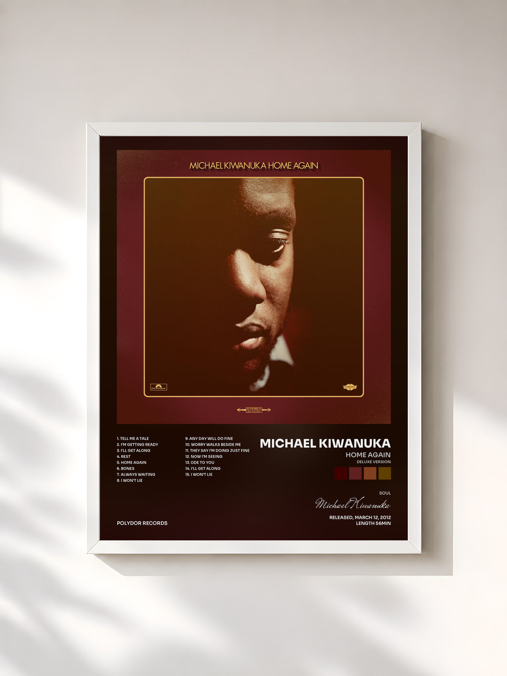 #blanc Tableau de l'album Home Again (Deluxe Version) de Michael Kiwanuka, cadre blanc, imprimé et encadré en France
