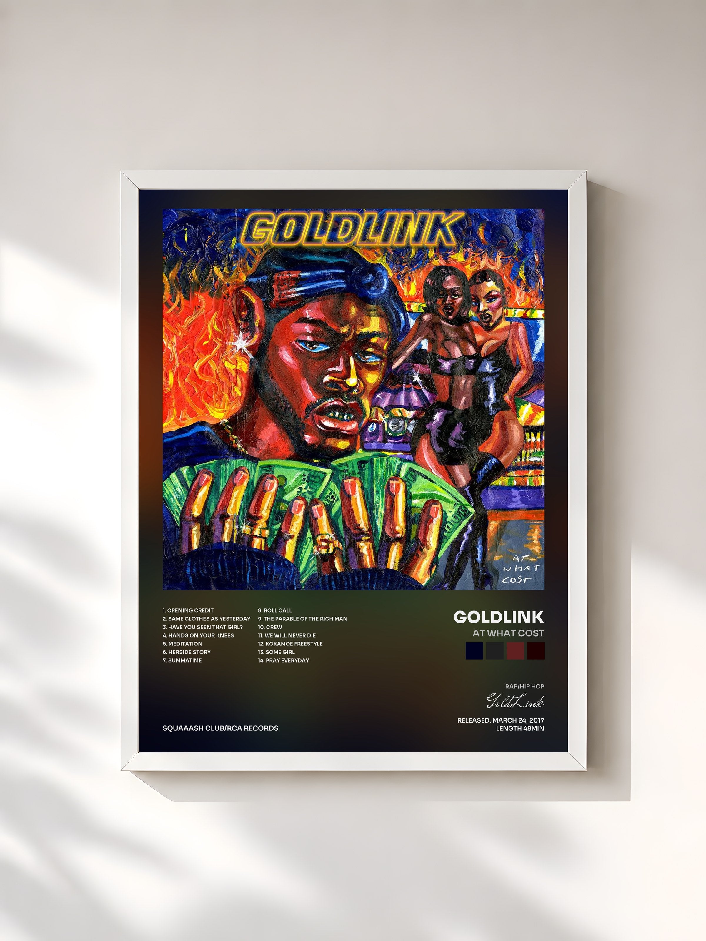 #blanc Tableau de l'album At What Cost de GoldLink, cadre blanc, imprimé et encadré en France