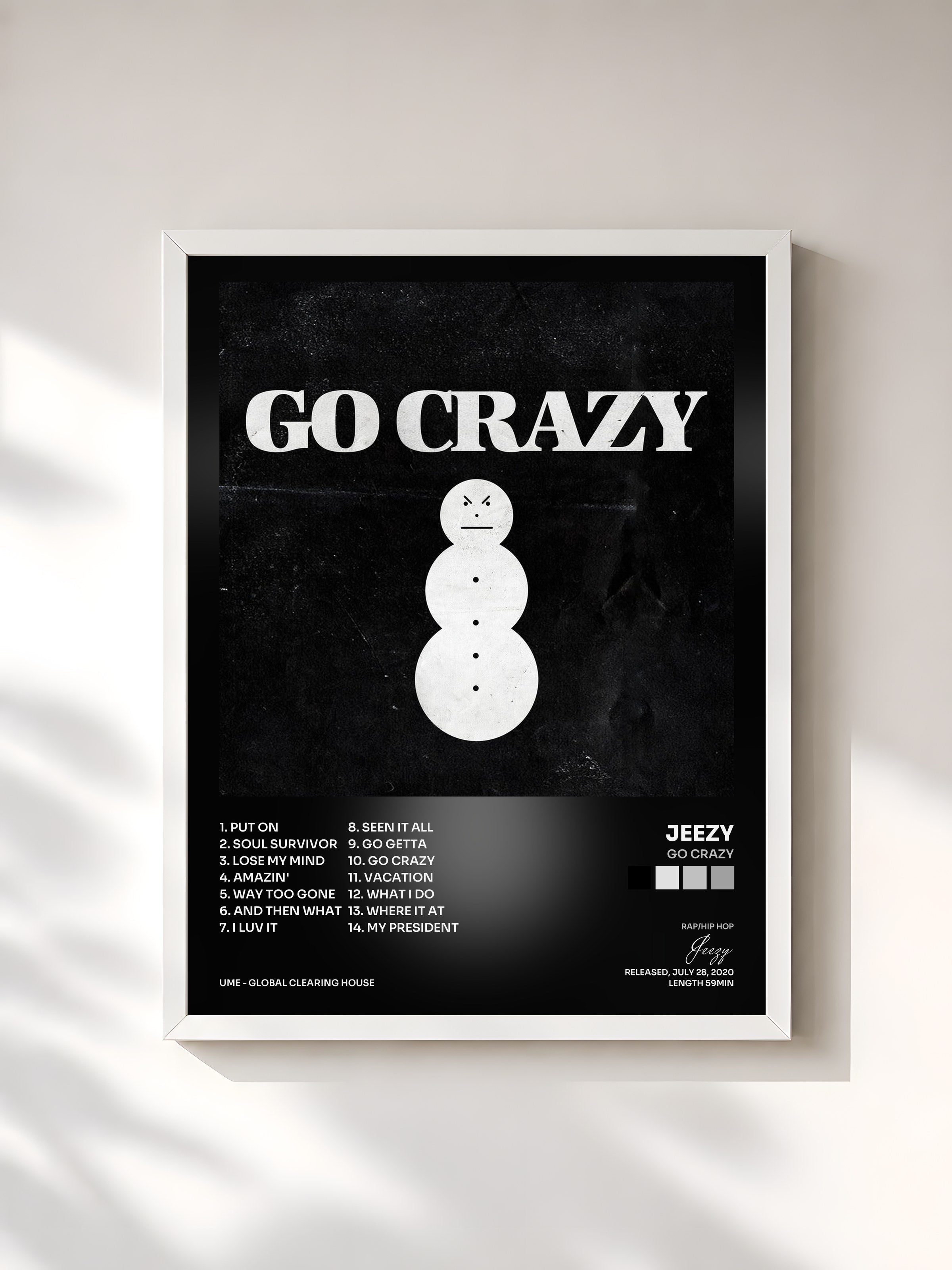 #blanc Tableau de l'album Go Crazy de Jeezy, cadre blanc, imprimé et encadré en France
