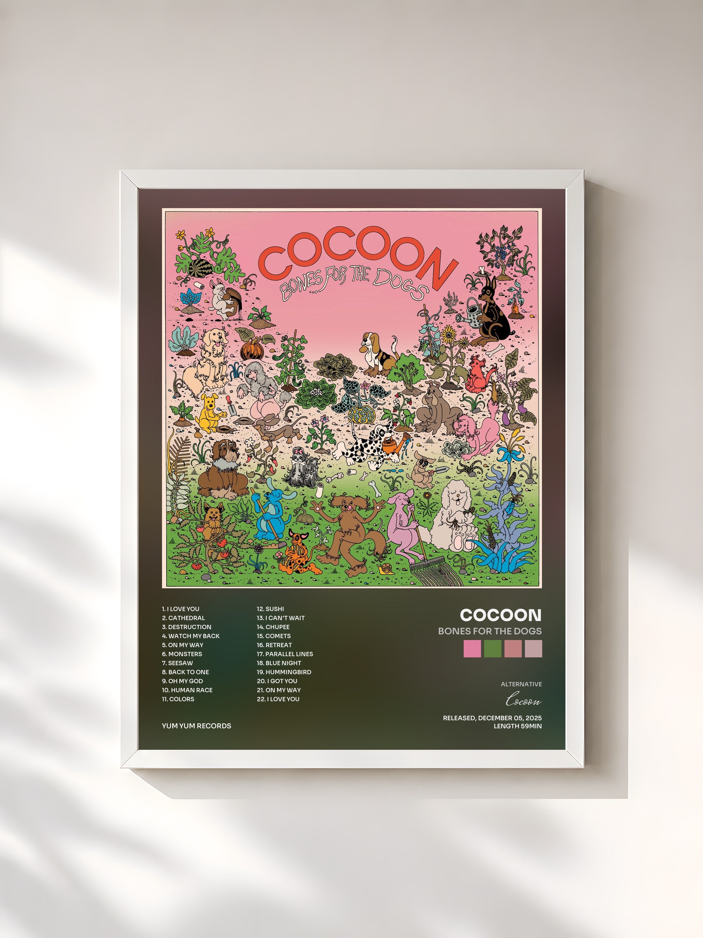 #blanc Tableau de l'album Bones For The Dogs de Cocoon, cadre blanc, imprimé et encadré en France