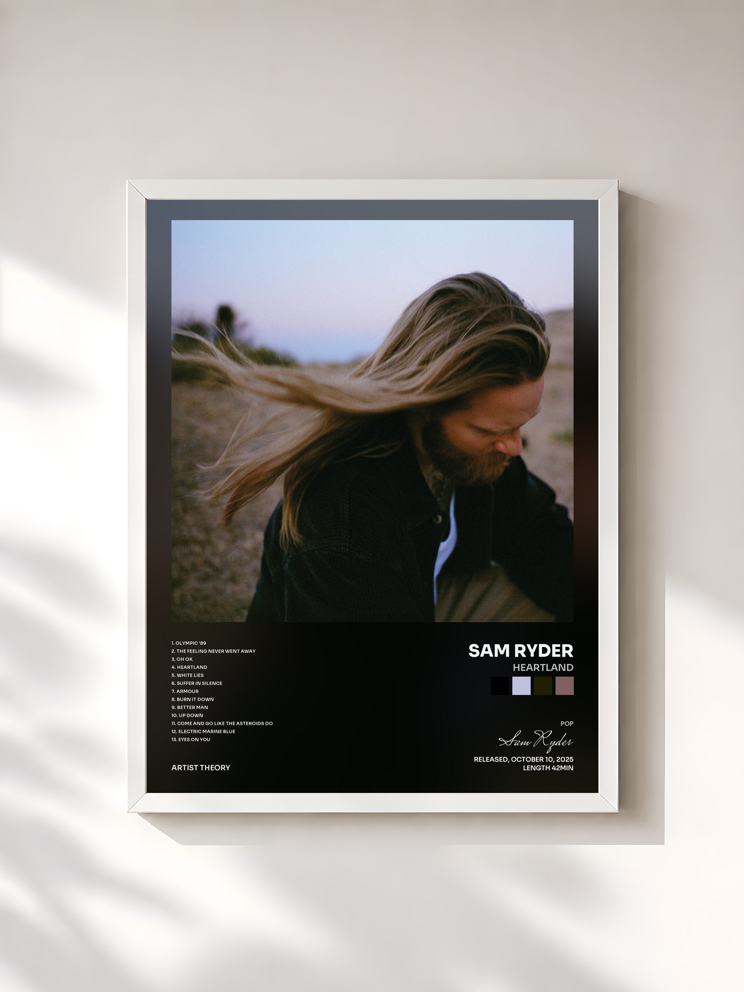 #blanc Tableau de l'album Heartland de Sam Ryder, cadre blanc, imprimé et encadré en France