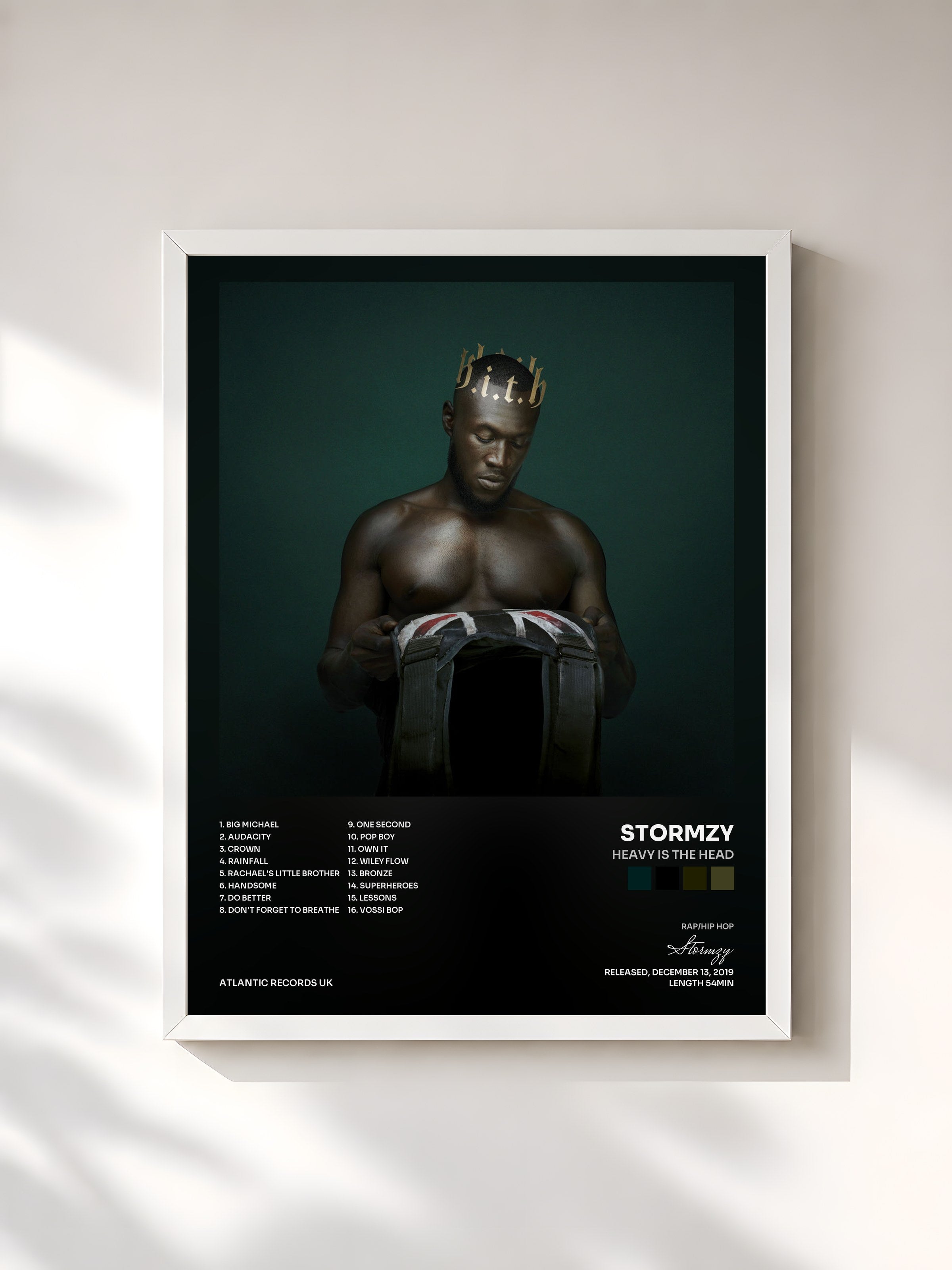#blanc Tableau de l'album Heavy Is The Head de Stormzy, cadre blanc, imprimé et encadré en France
