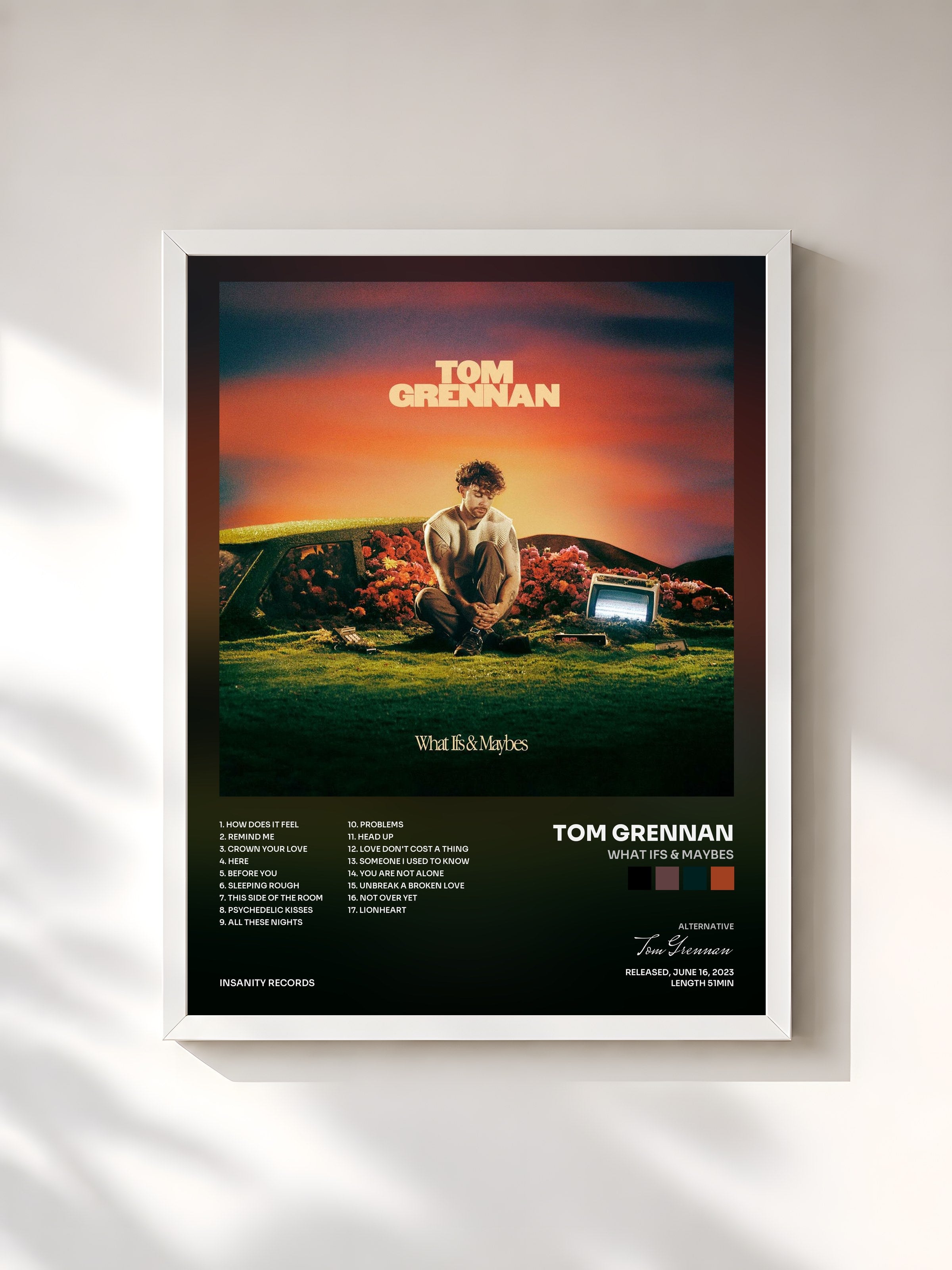 #blanc Tableau de l'album What Ifs & Maybes de Tom Grennan, cadre blanc, imprimé et encadré en France