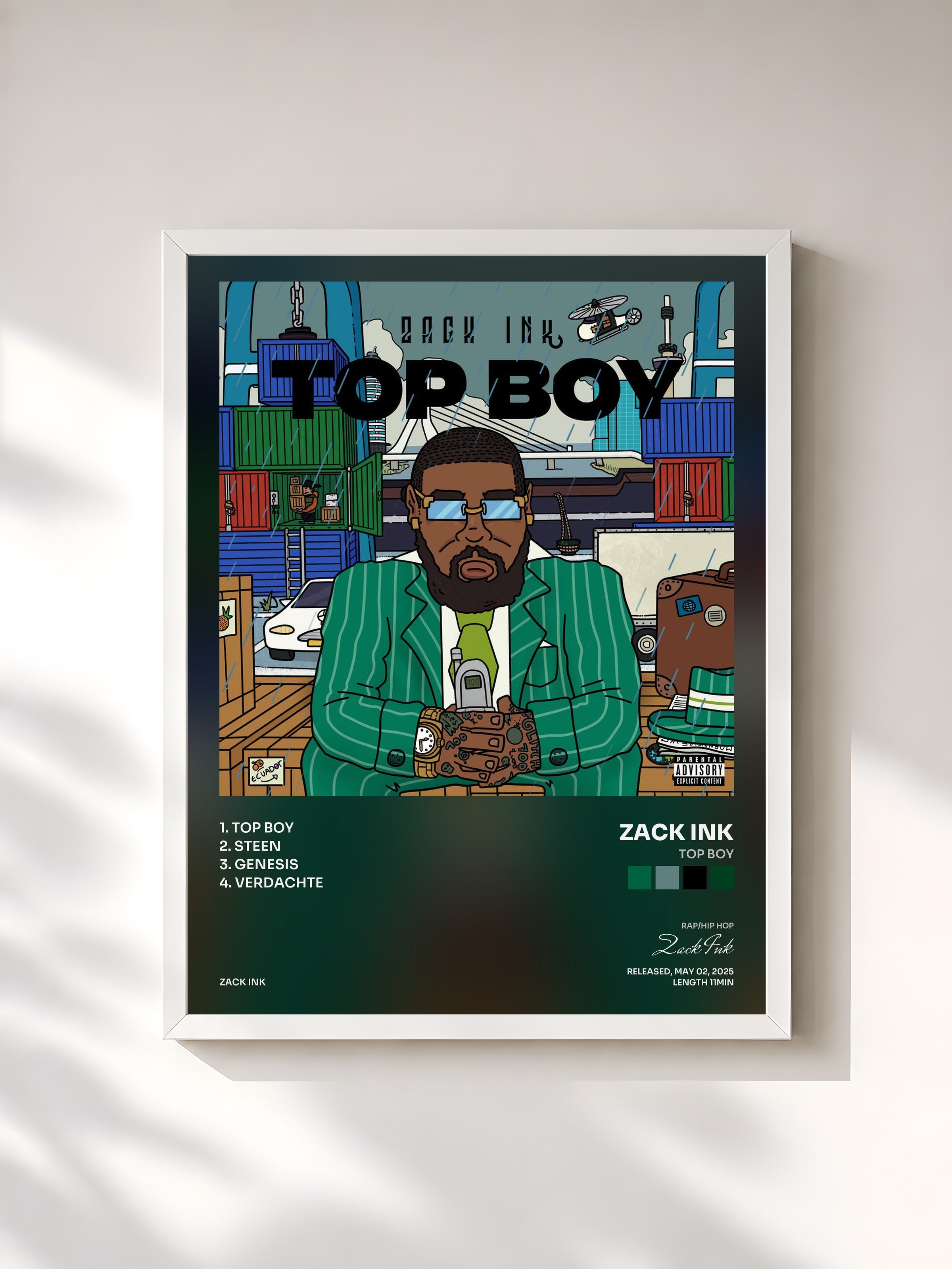#blanc Tableau de l'album Top Boy de Zack Ink, cadre blanc, imprimé et encadré en France