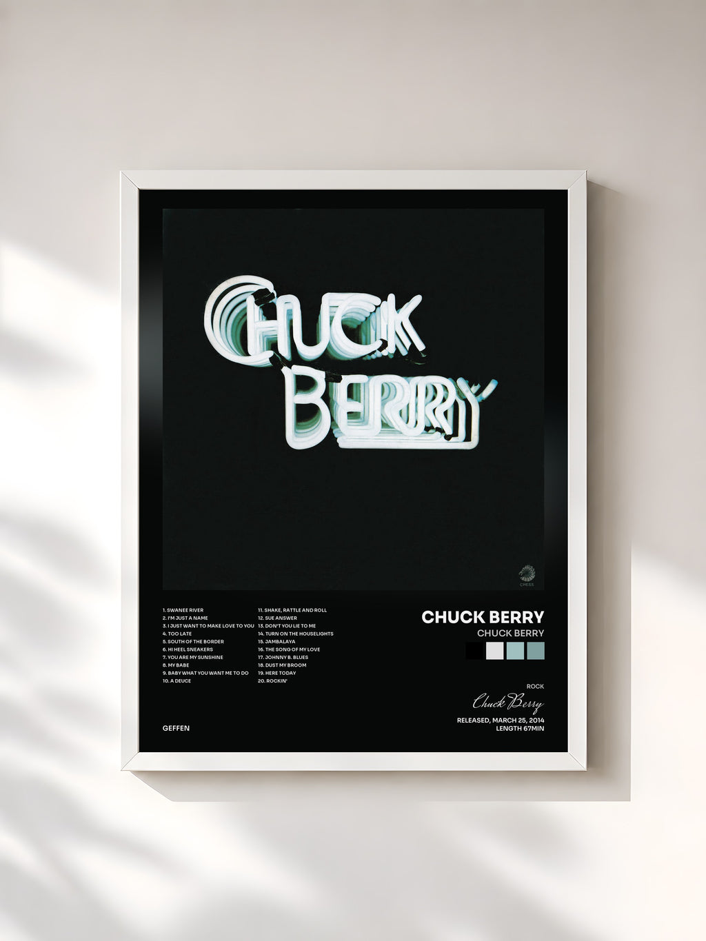 #blanc Tableau de l'album Chuck Berry de Chuck Berry, cadre blanc, imprimé et encadré en France