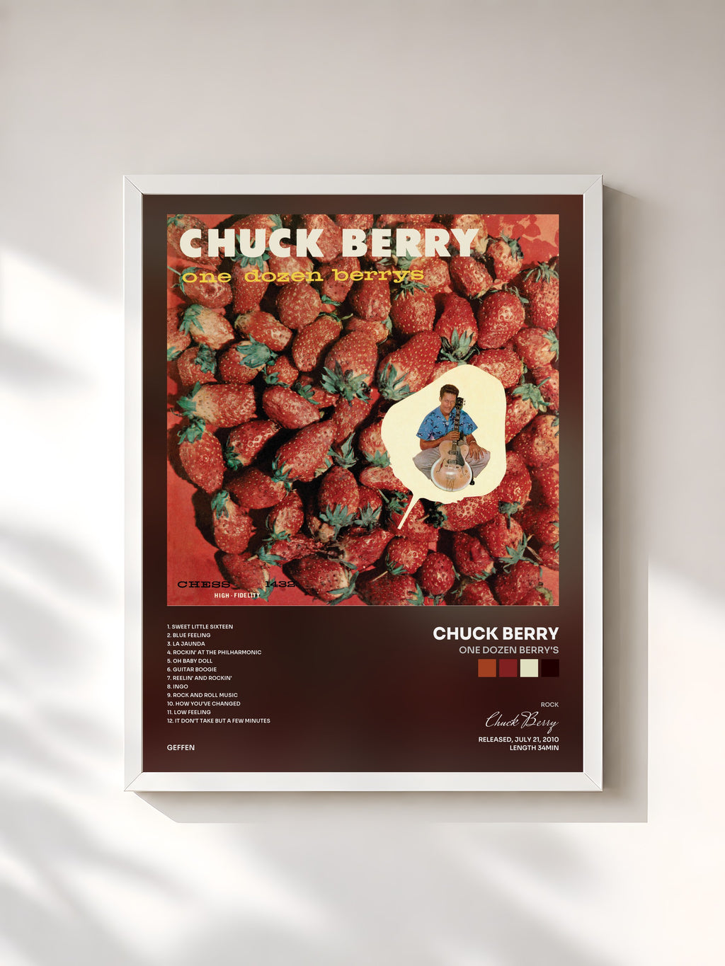 #blanc Tableau de l'album One Dozen Berry's de Chuck Berry, cadre blanc, imprimé et encadré en France