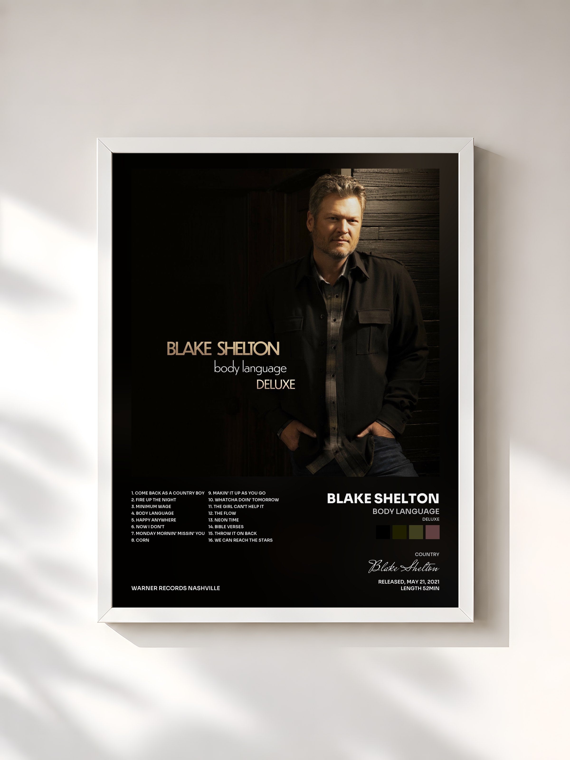#blanc Tableau de l'album Body Language (Deluxe) de Blake Shelton, cadre blanc, imprimé et encadré en France