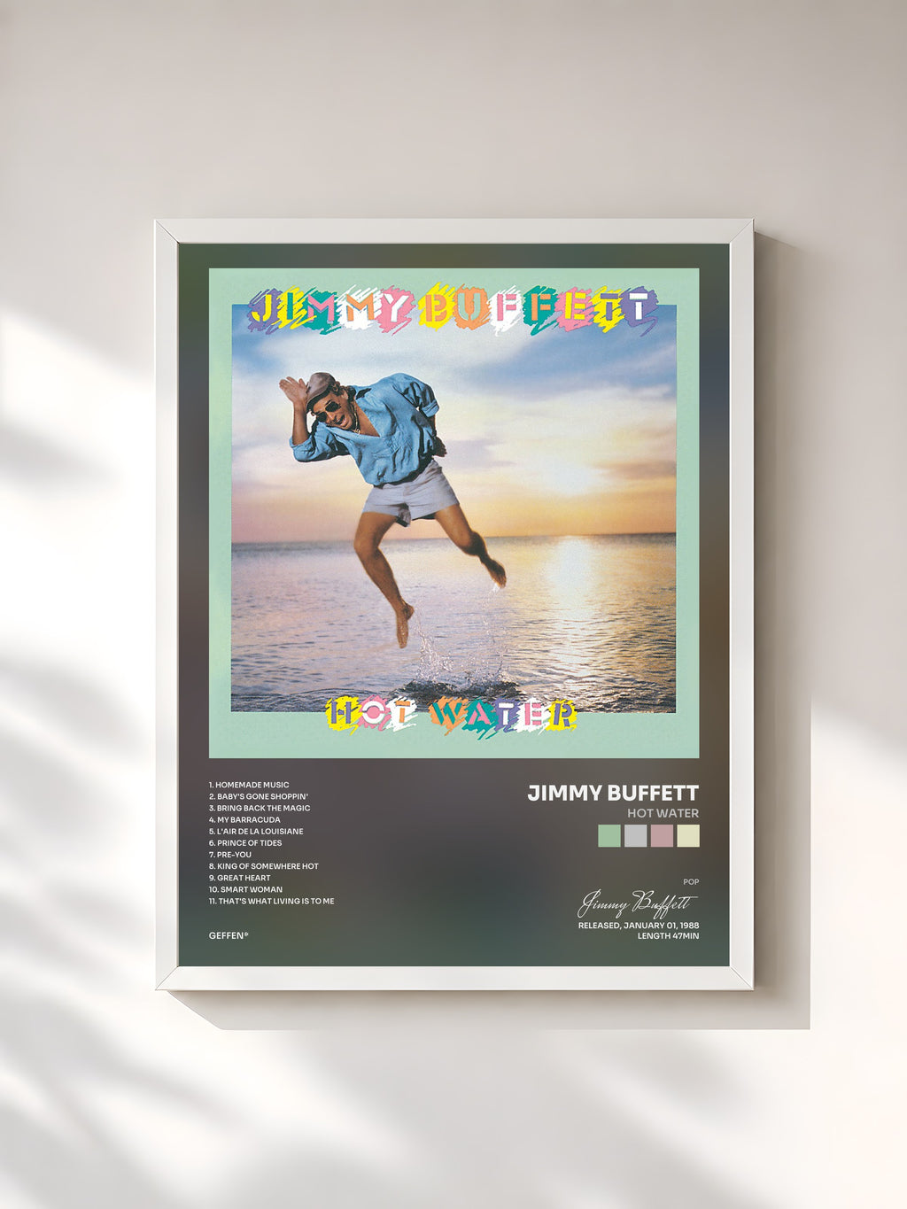 #blanc Tableau de l'album Hot Water de Jimmy Buffett, cadre blanc, imprimé et encadré en France