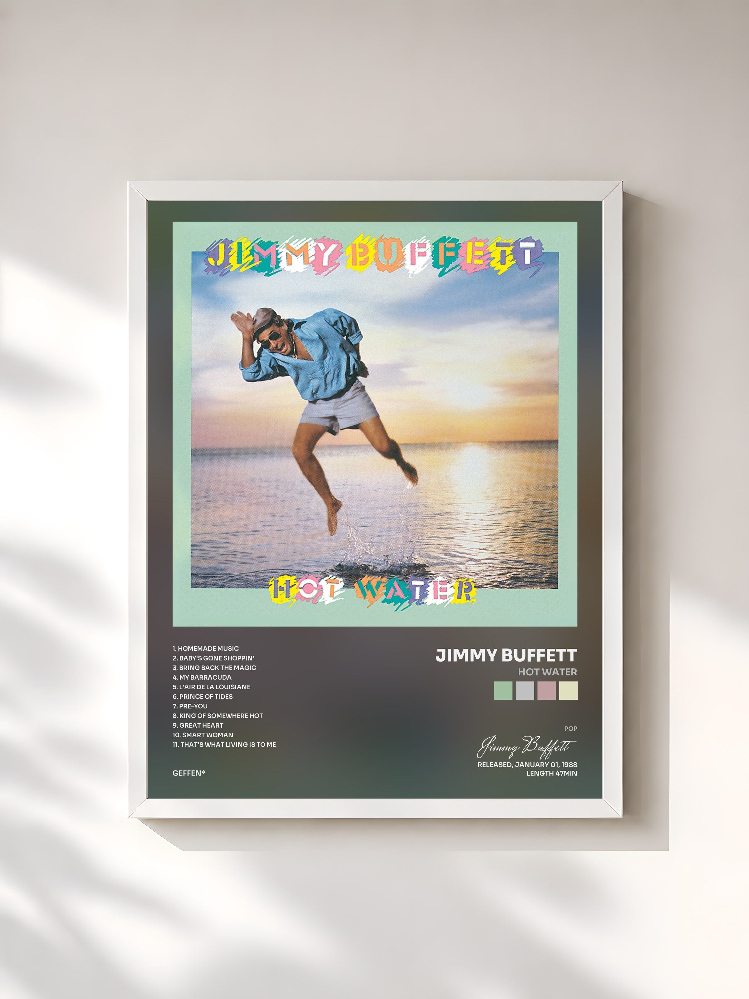 #blanc Tableau de l'album Hot Water de Jimmy Buffett, cadre blanc, imprimé et encadré en France