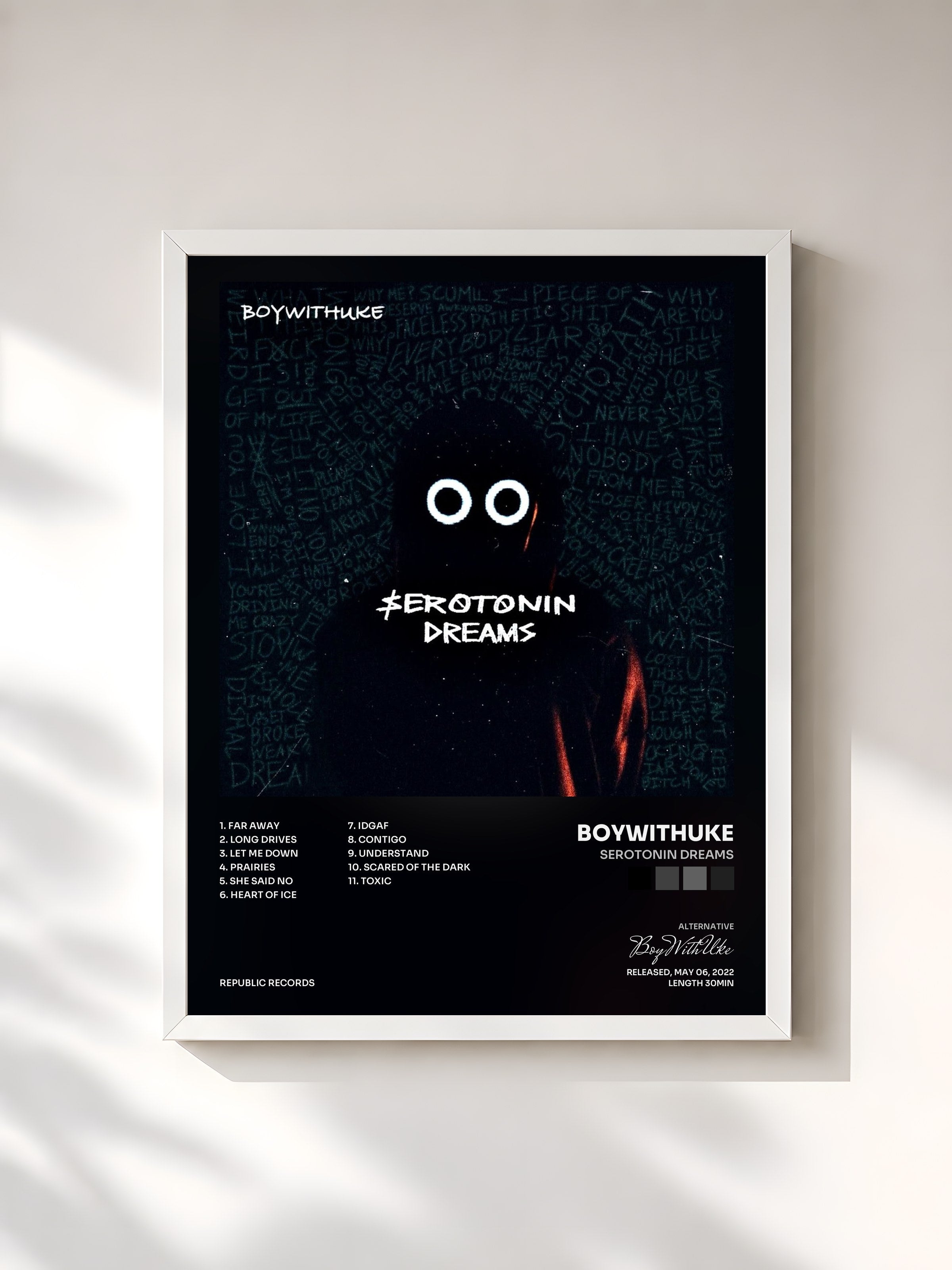 #blanc Tableau de l'album Serotonin Dreams de BoyWithUke, cadre blanc, imprimé et encadré en France