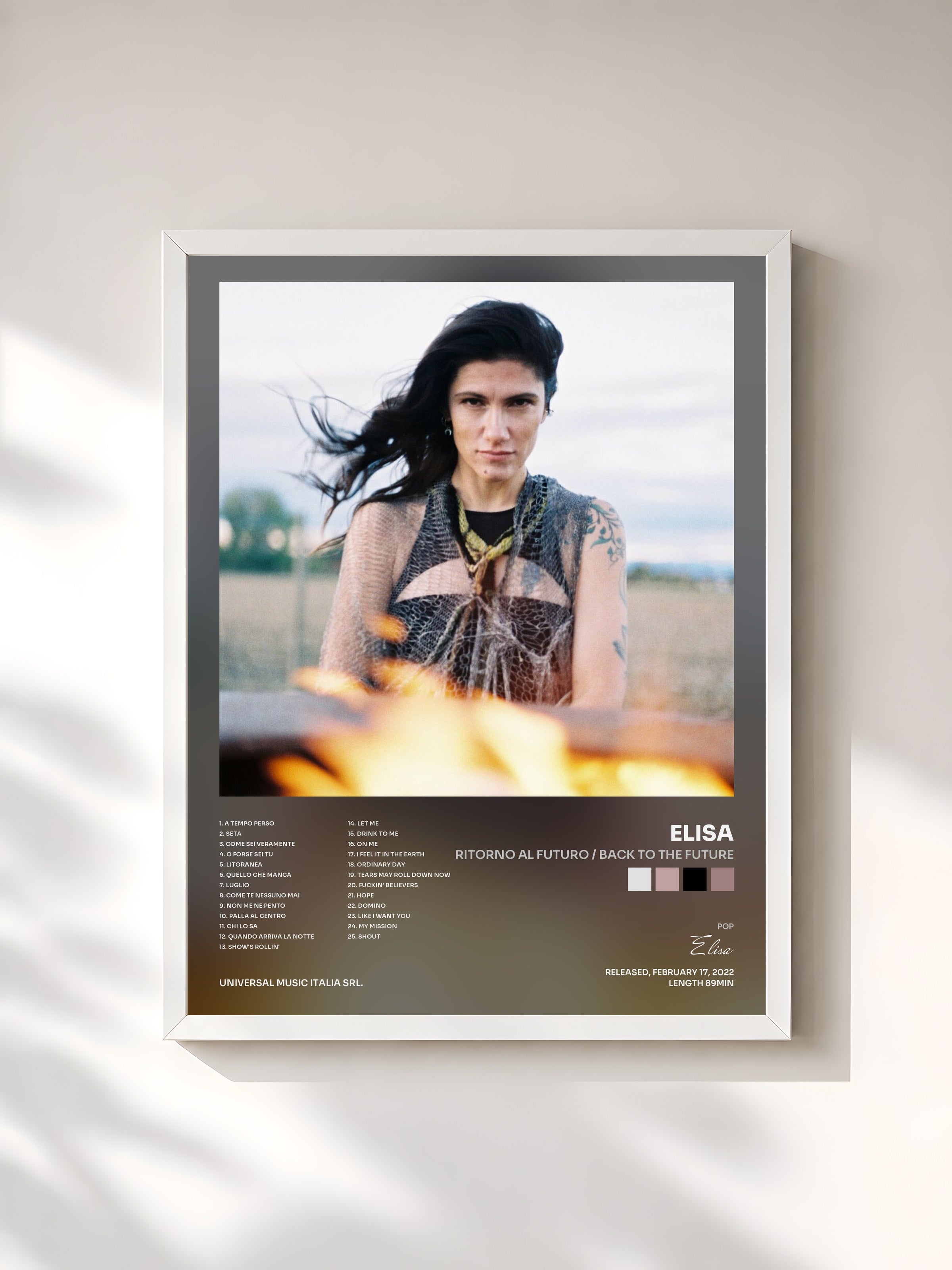 #blanc Tableau de l'album Ritorno Al Futuro / Back To The Future de Elisa, cadre blanc, imprimé et encadré en France