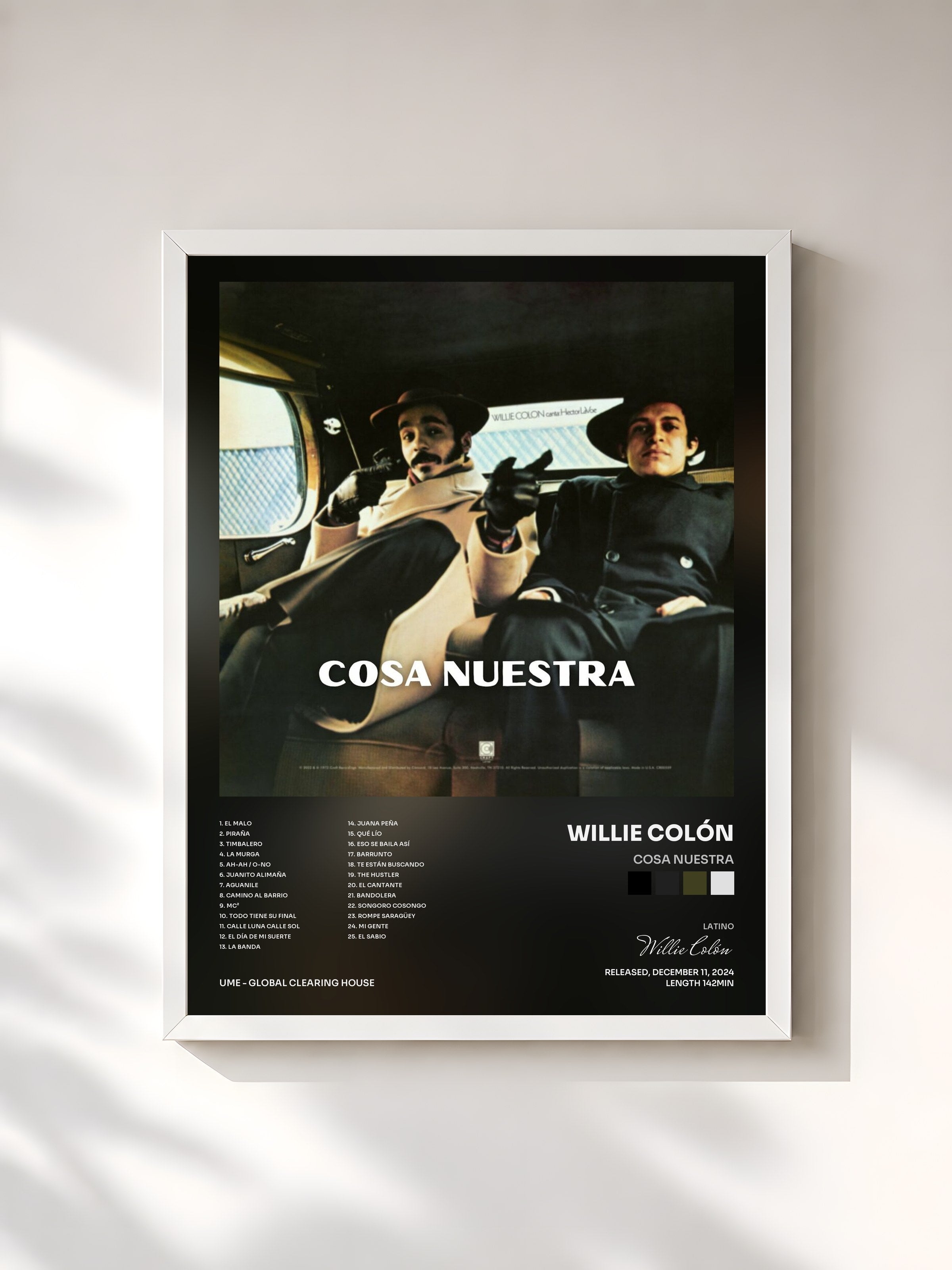 #blanc Tableau de l'album Cosa Nuestra de Willie Colón, cadre blanc, imprimé et encadré en France