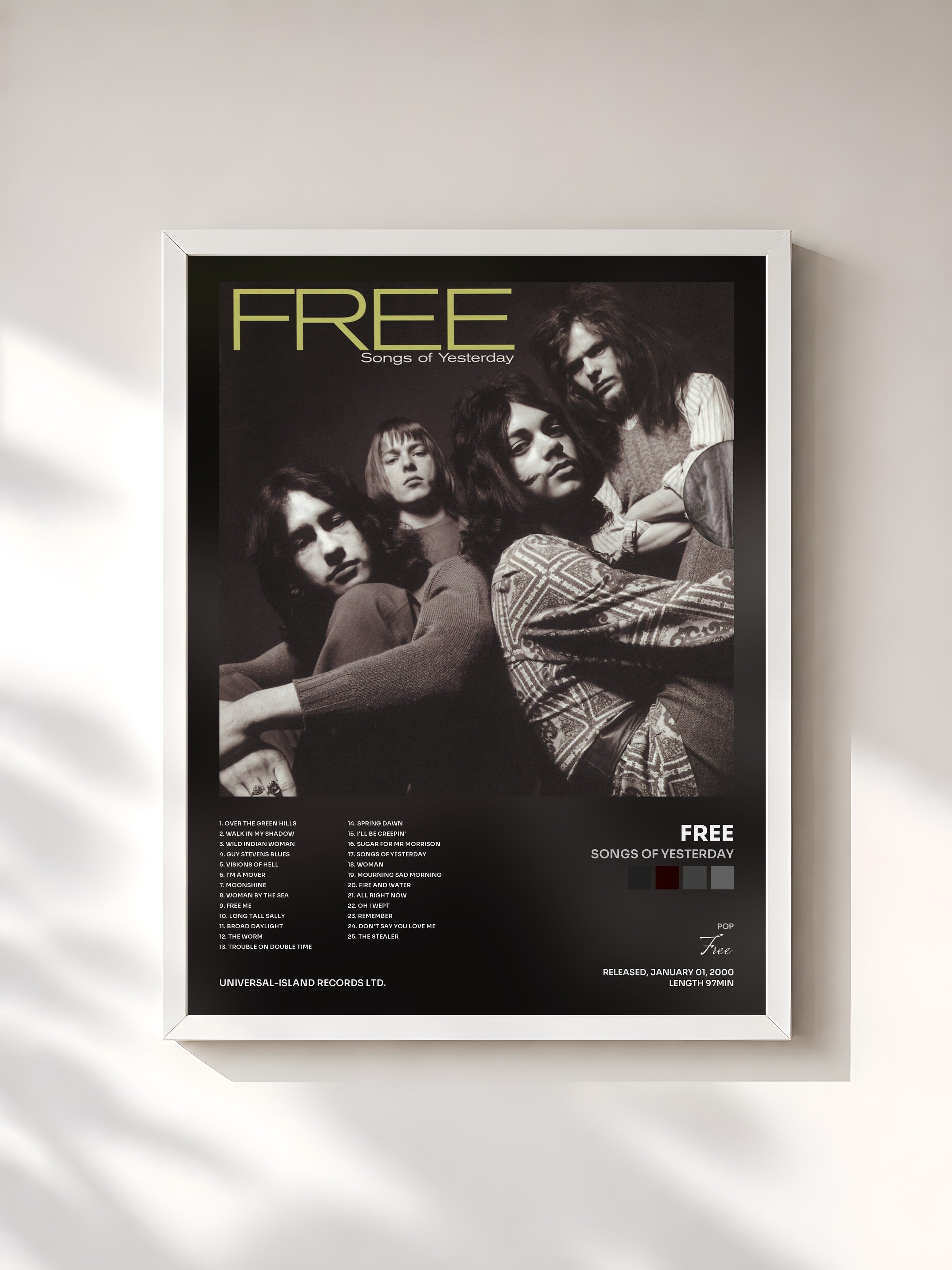 #blanc Tableau de l'album Songs Of Yesterday de Free, cadre blanc, imprimé et encadré en France