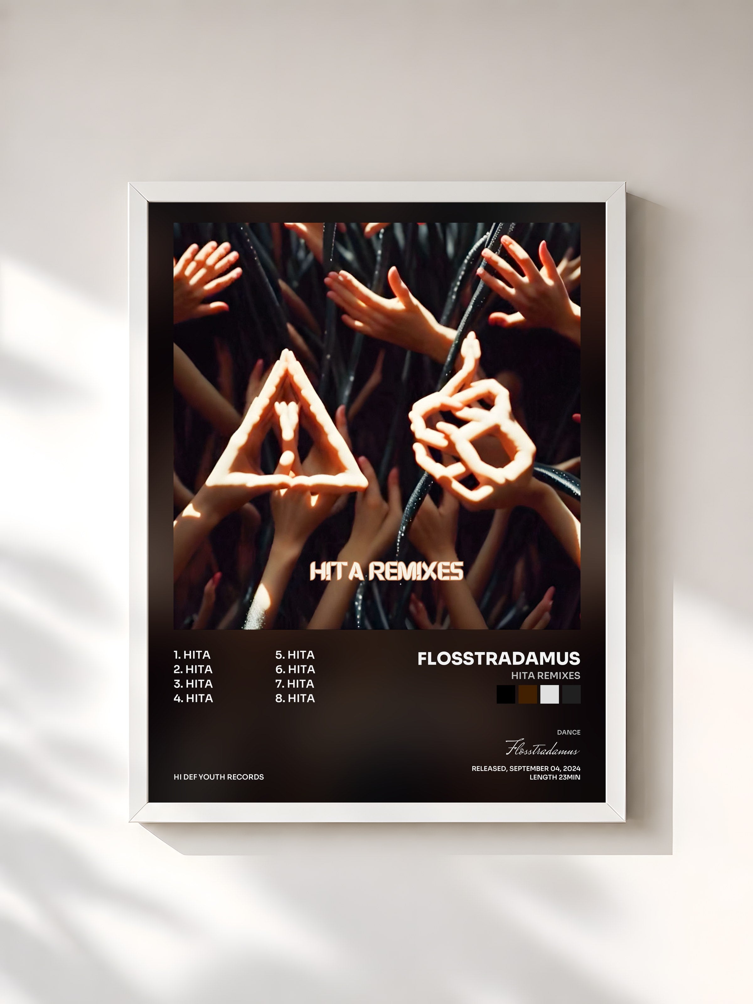 #blanc Tableau de l'album HITA REMIXES de Flosstradamus, cadre blanc, imprimé et encadré en France