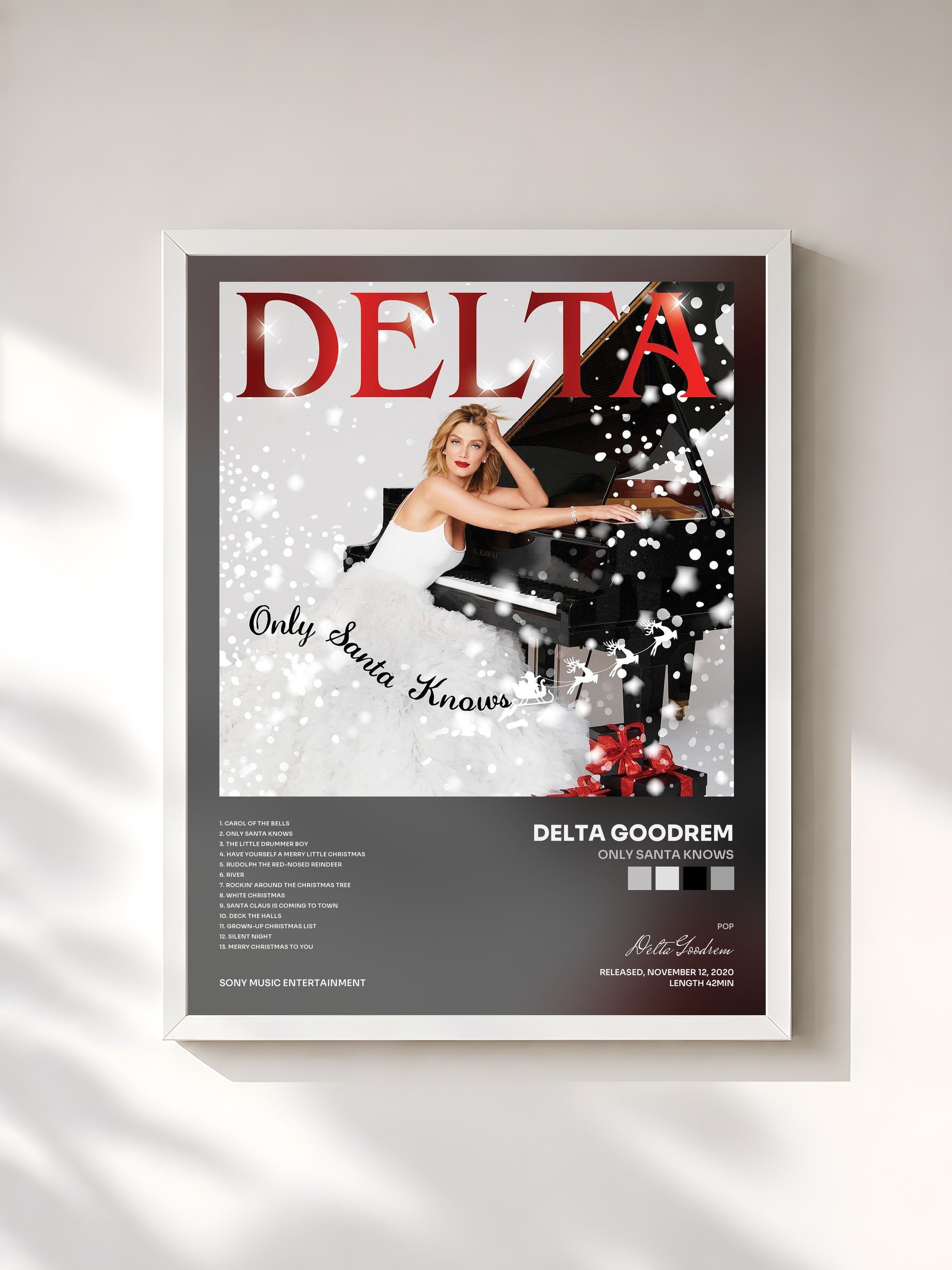 #blanc Tableau de l'album Only Santa Knows de Delta Goodrem, cadre blanc, imprimé et encadré en France
