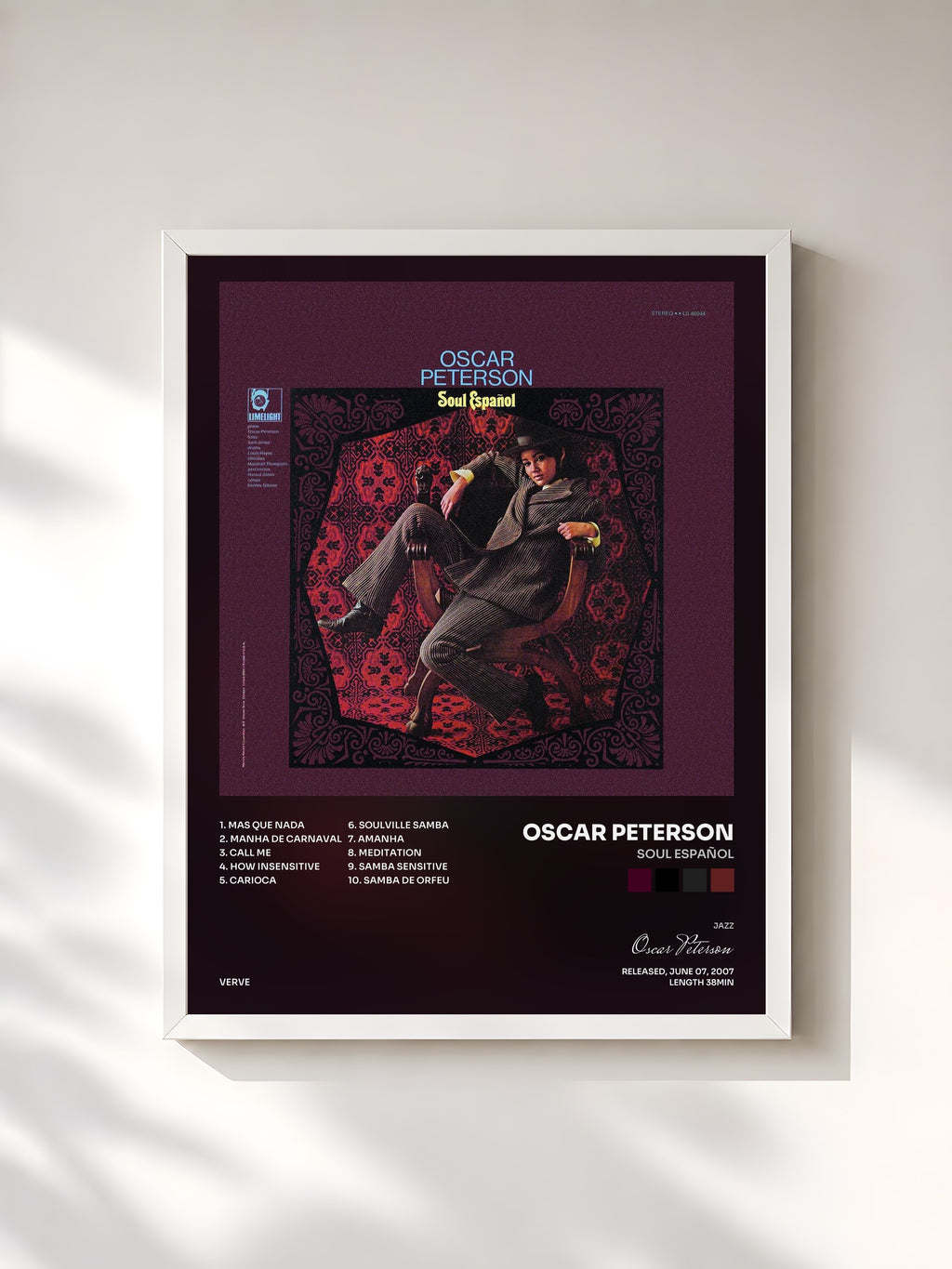 #blanc Soul Español by Oscar Peterson as a framed art print, white frame, printed and framed in France