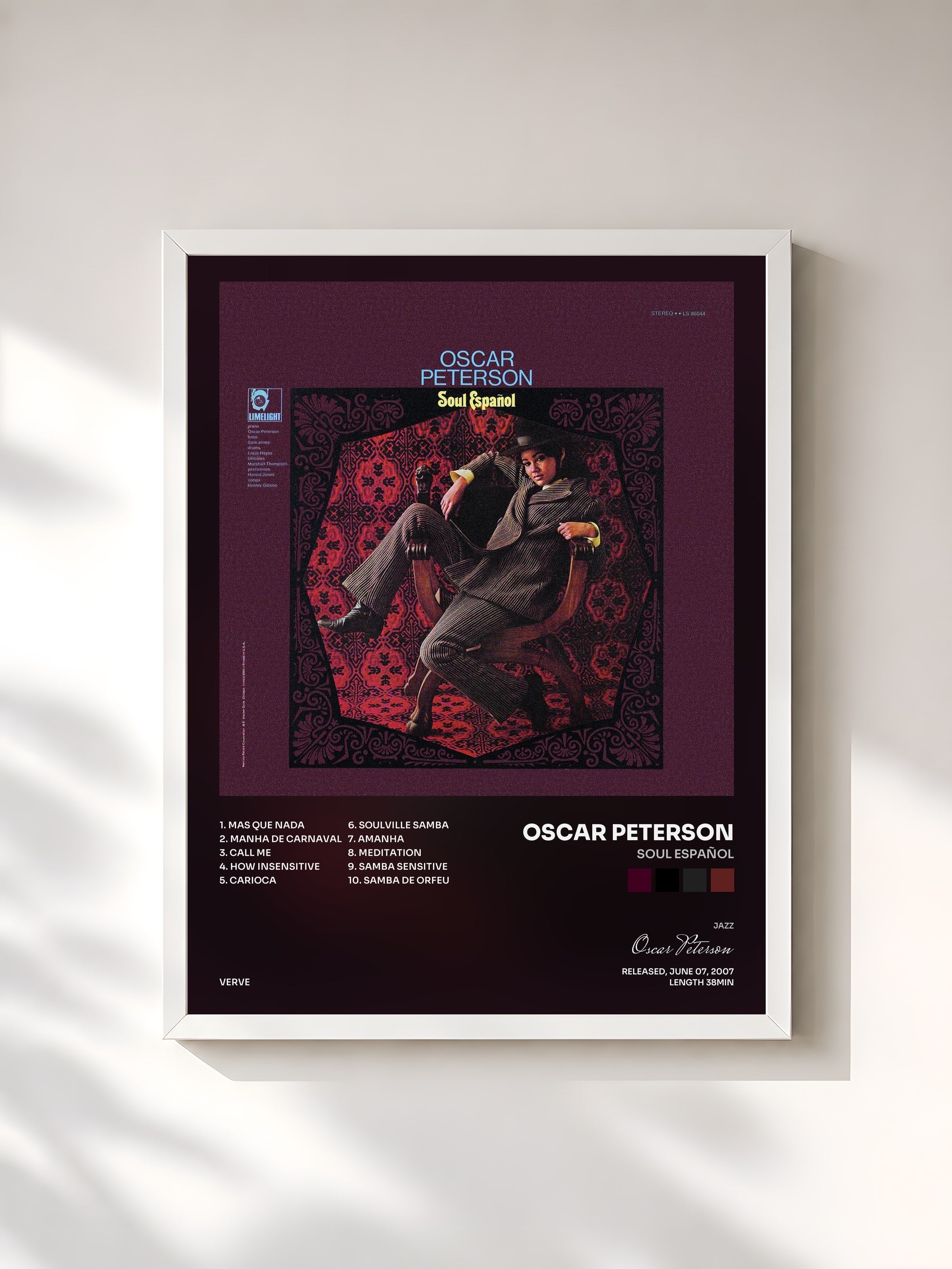 #blanc Tableau de l'album Soul Español de Oscar Peterson, cadre blanc, imprimé et encadré en France
