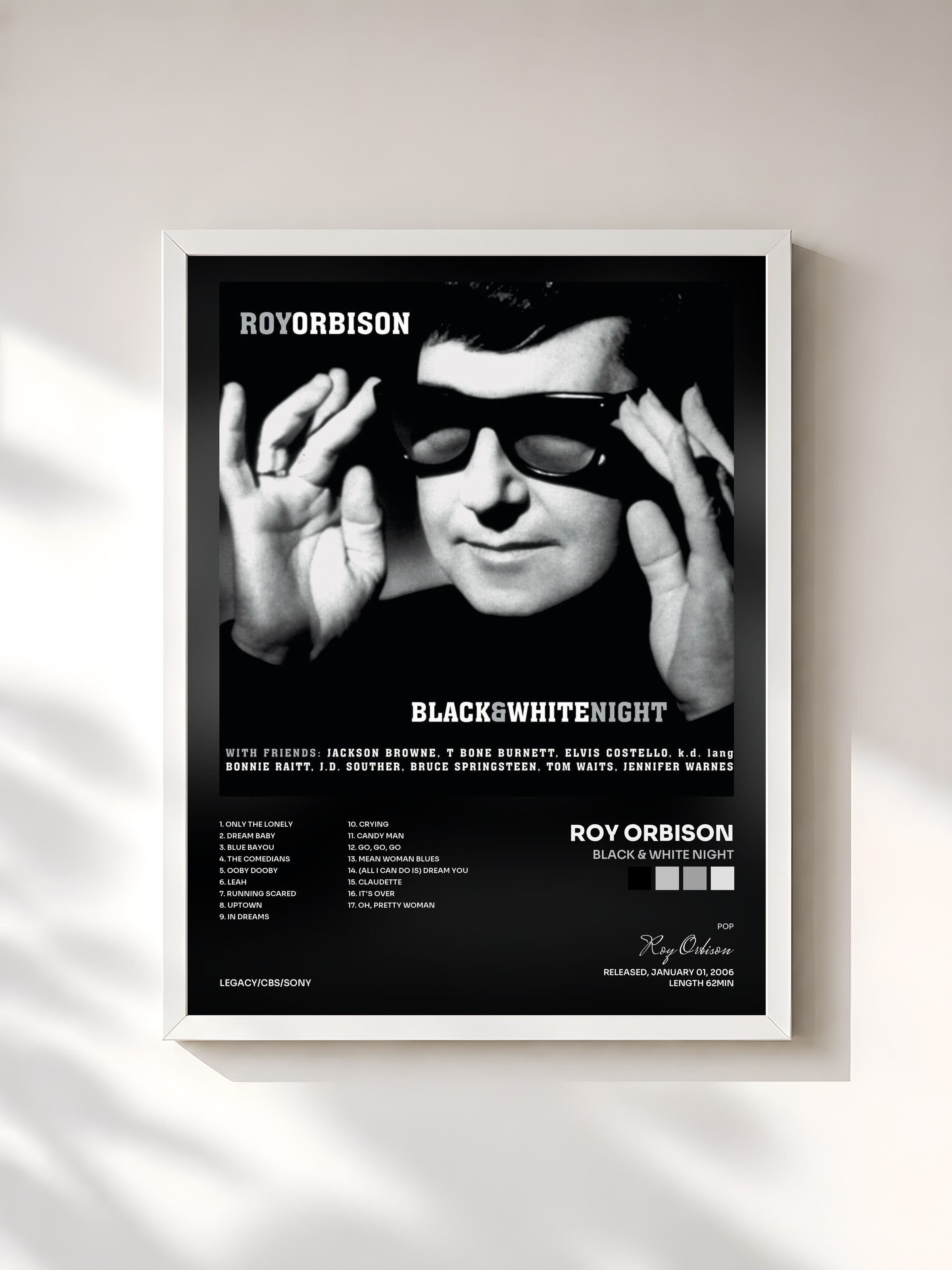 #blanc Tableau de l'album Black & White Night de Roy Orbison, cadre blanc, imprimé et encadré en France