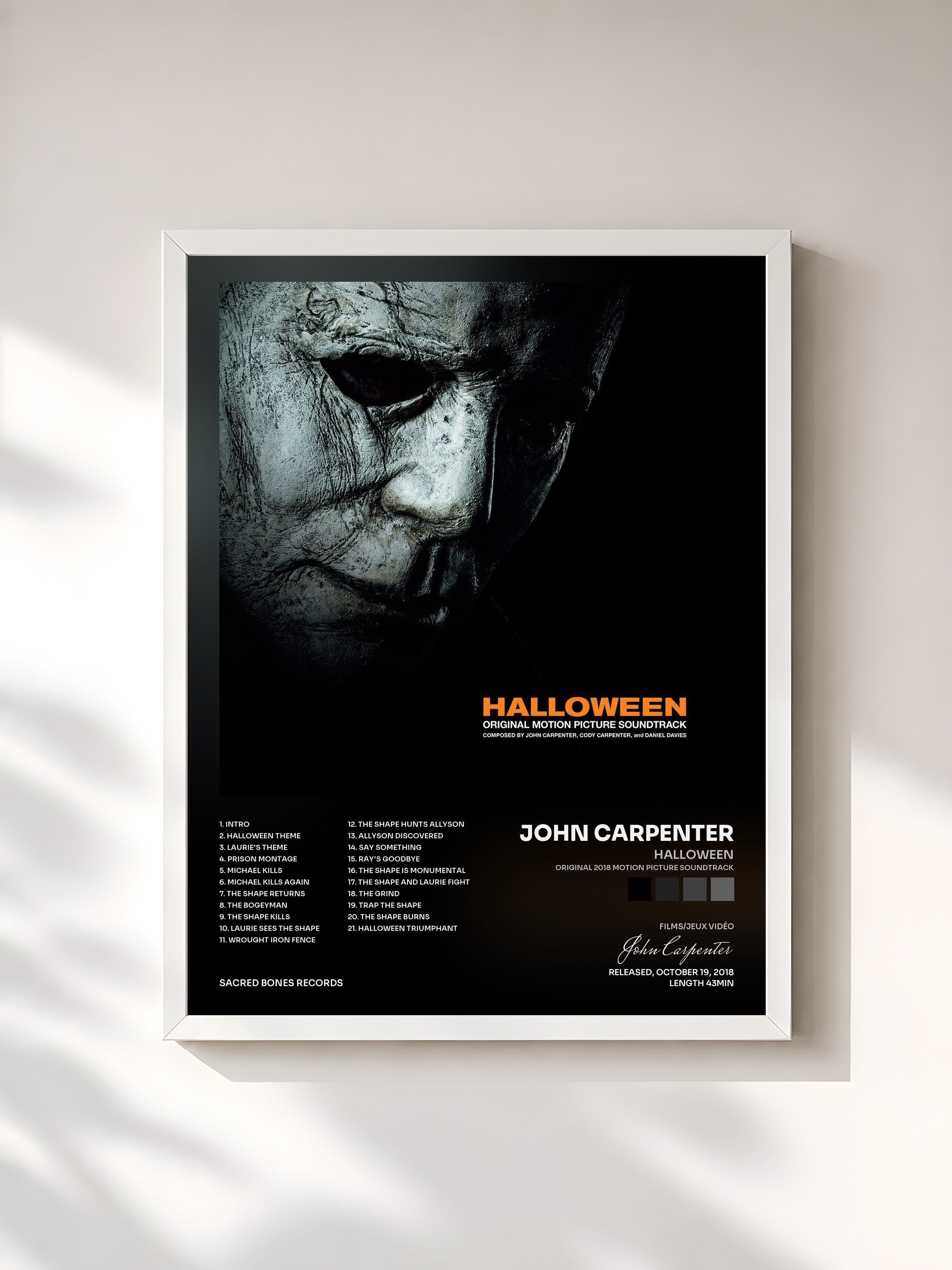 #blanc Tableau de l'album Halloween (Original 2018 Motion Picture Soundtrack) de John Carpenter, cadre blanc, imprimé et encadré en France