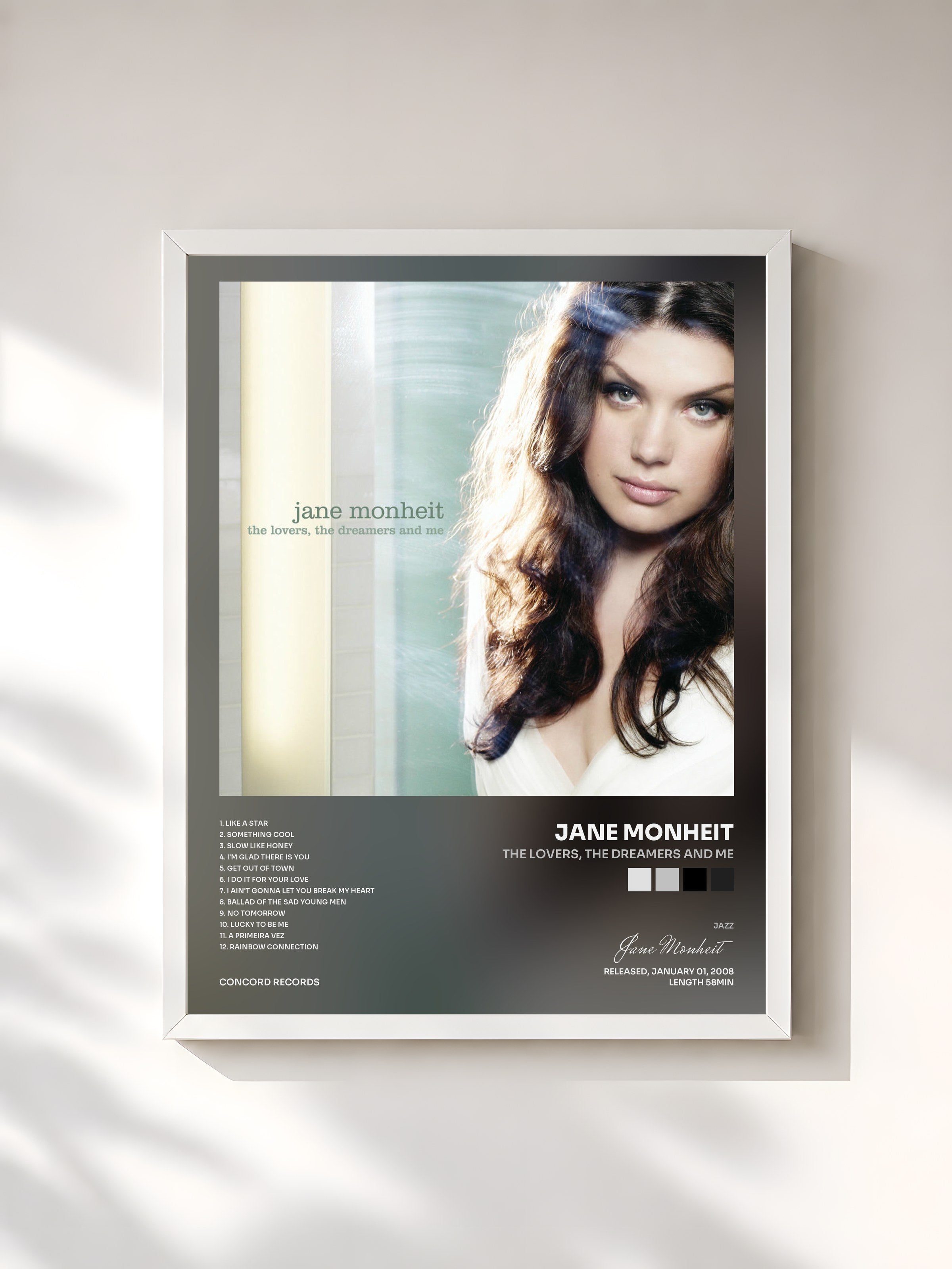 #blanc Tableau de l'album The Lovers, the Dreamers and Me de Jane Monheit, cadre blanc, imprimé et encadré en France