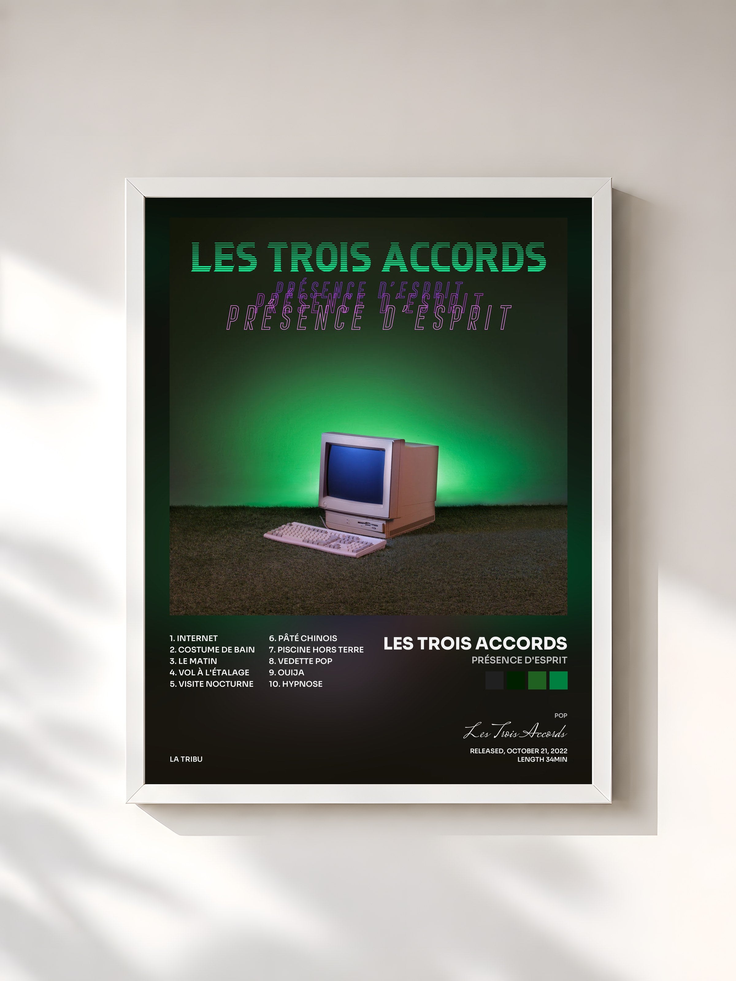 #blanc Tableau de l'album Présence d'esprit de Les Trois Accords, cadre blanc, imprimé et encadré en France