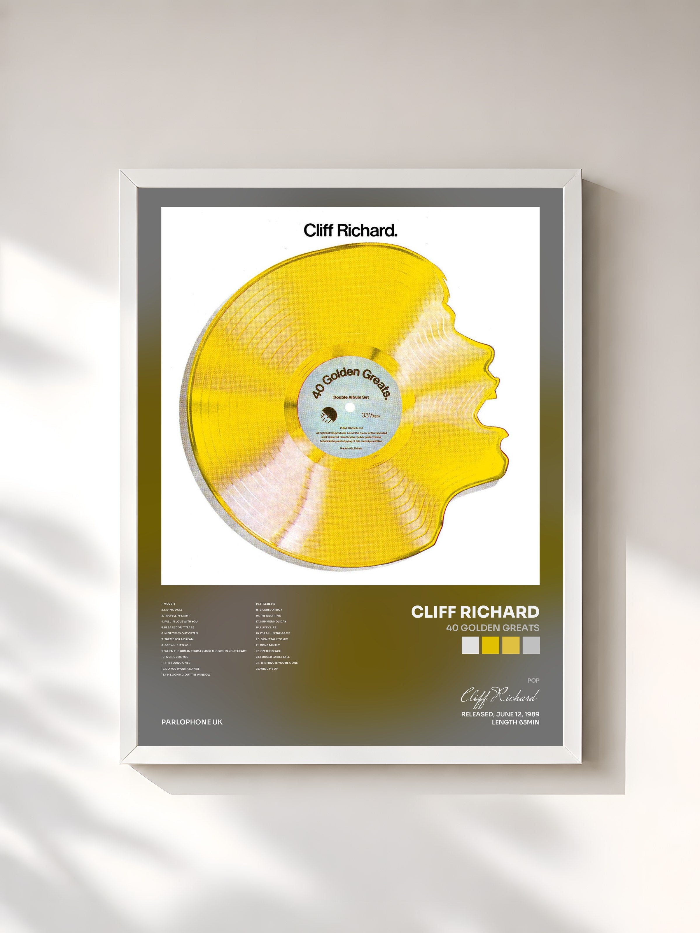 #blanc Tableau de l'album 40 Golden Greats de Cliff Richard, cadre blanc, imprimé et encadré en France