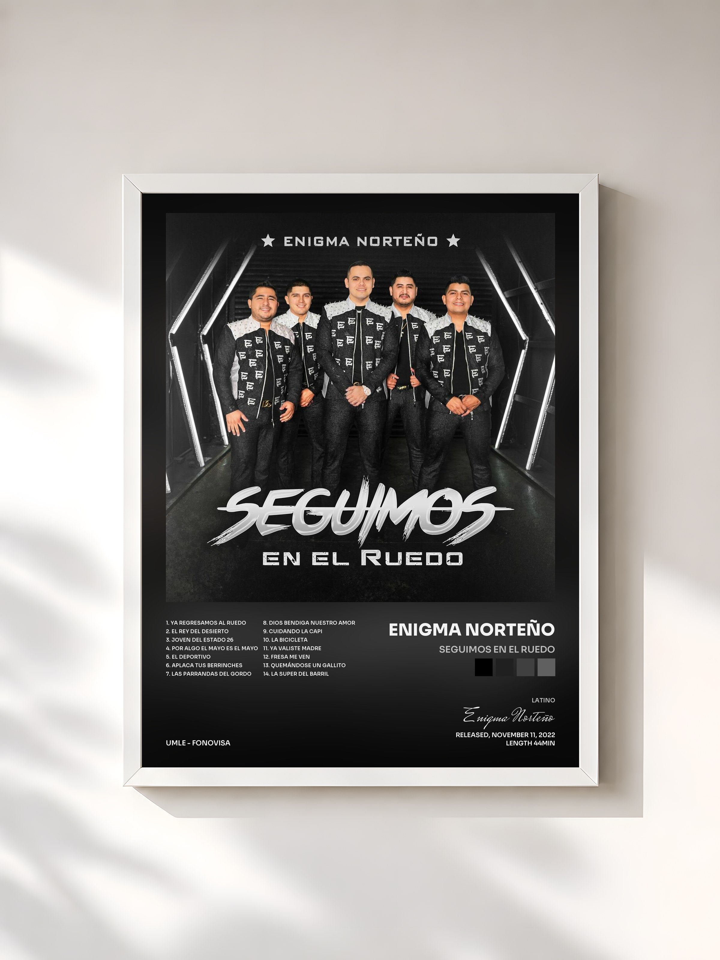 #blanc Tableau de l'album Seguimos En El Ruedo de Enigma Norteño, cadre blanc, imprimé et encadré en France
