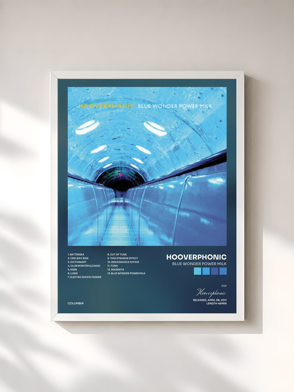 #blanc Blue Wonder Power Milk by Hooverphonic as a framed art print, white frame, printed and framed in France