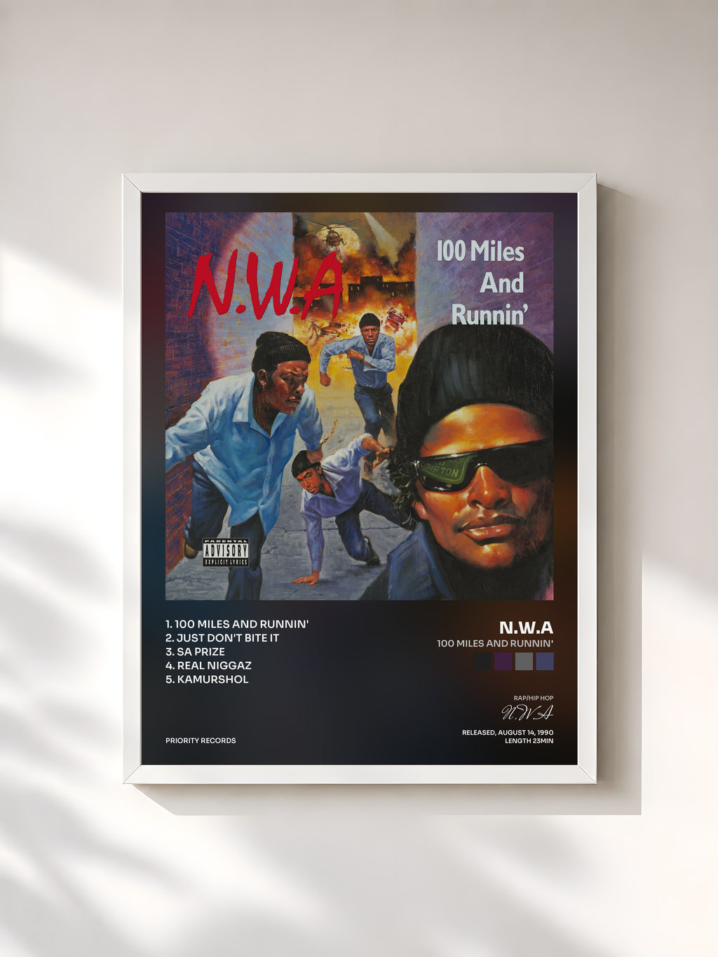 #blanc Tableau de l'album 100 Miles And Runnin' de N.W.A, cadre blanc, imprimé et encadré en France