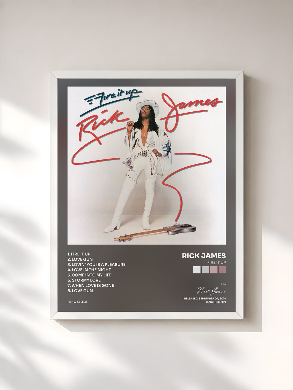 #blanc Tableau de l'album Fire It Up de Rick James, cadre blanc, imprimé et encadré en France