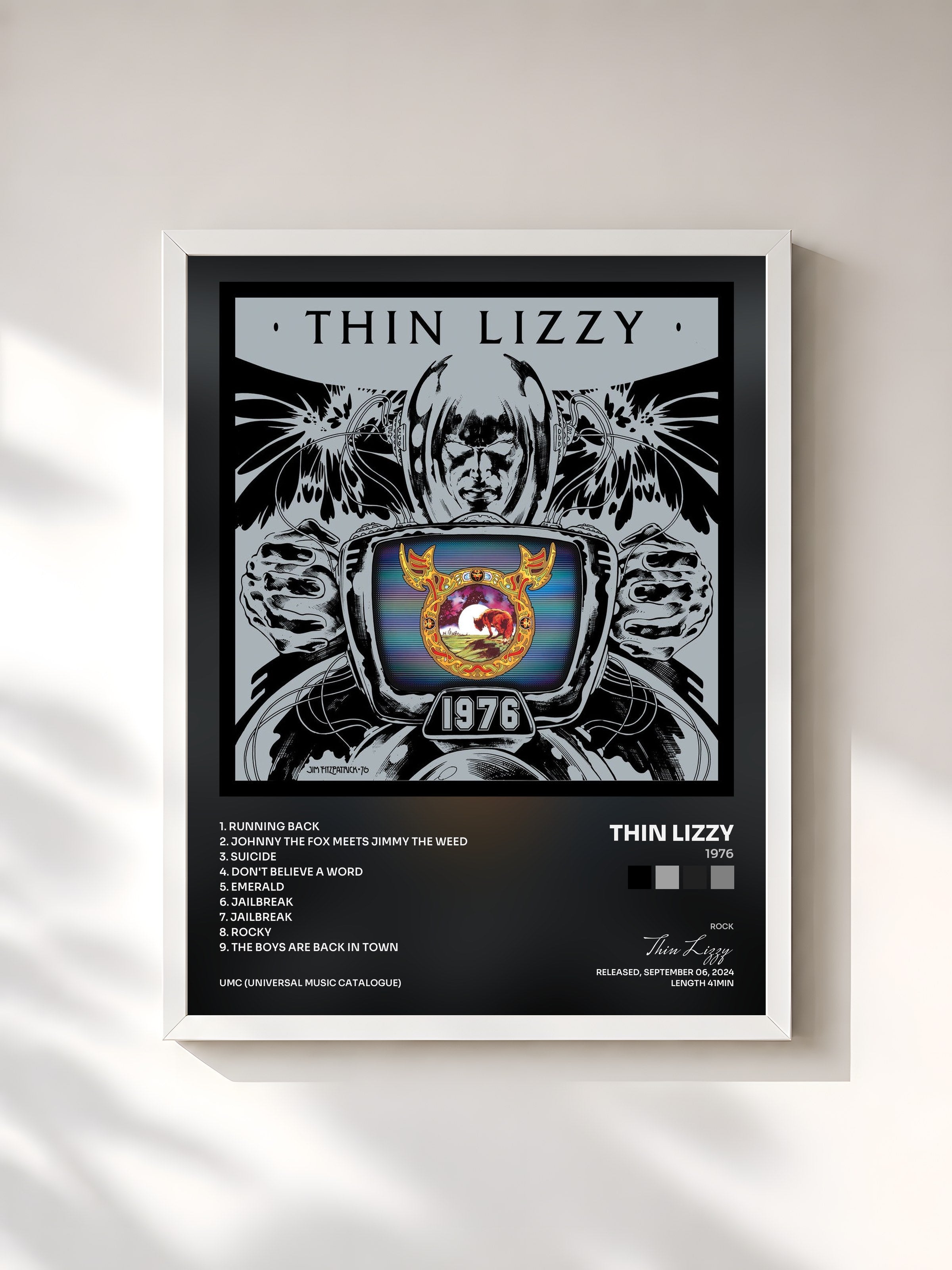 #blanc Tableau de l'album 1976 de Thin Lizzy, cadre blanc, imprimé et encadré en France