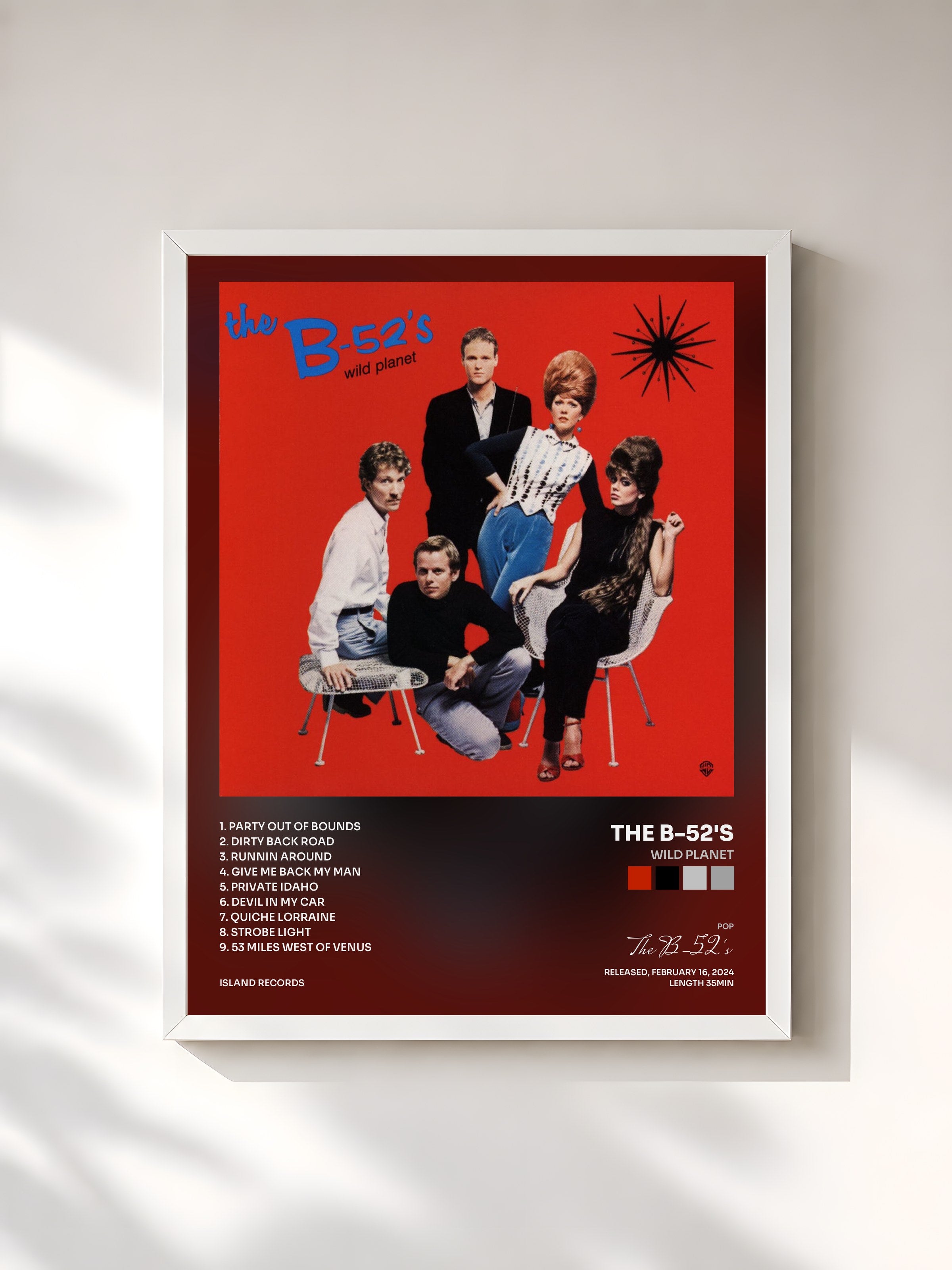 #blanc Tableau de l'album Wild Planet de The B-52's, cadre blanc, imprimé et encadré en France