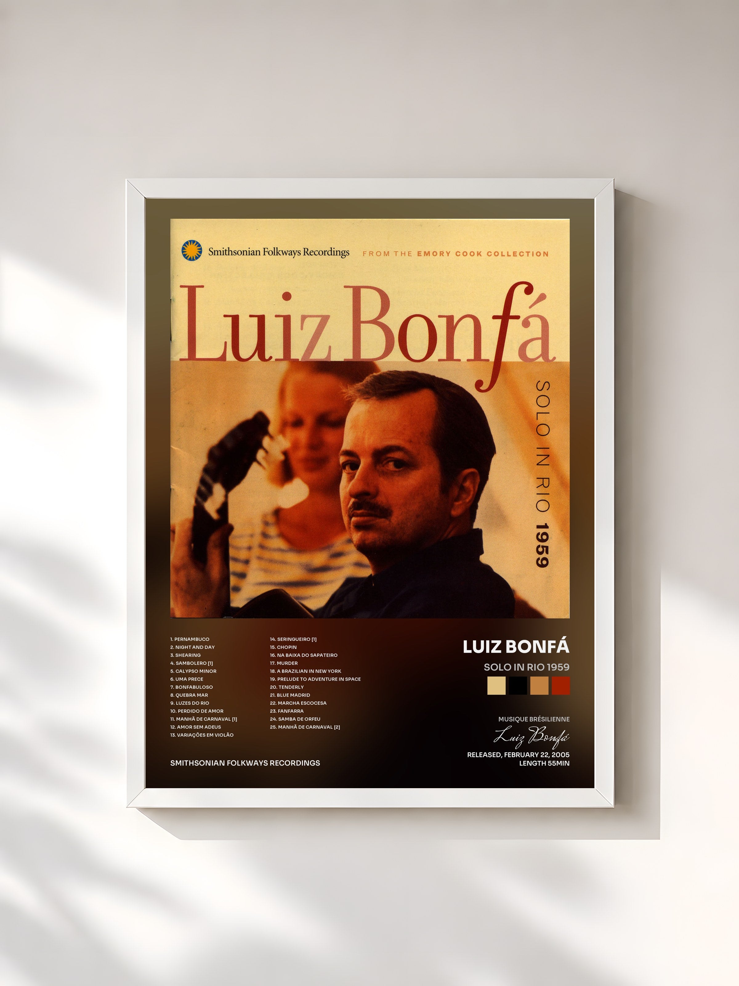 #blanc Tableau de l'album Solo in Rio 1959 de Luiz Bonfá, cadre blanc, imprimé et encadré en France