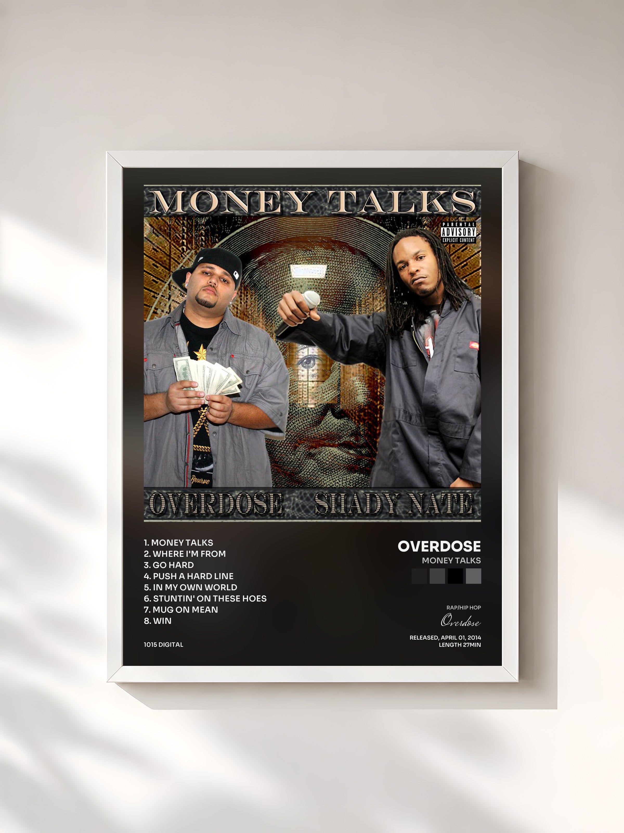 #blanc Tableau de l'album Money Talks de Overdose, cadre blanc, imprimé et encadré en France