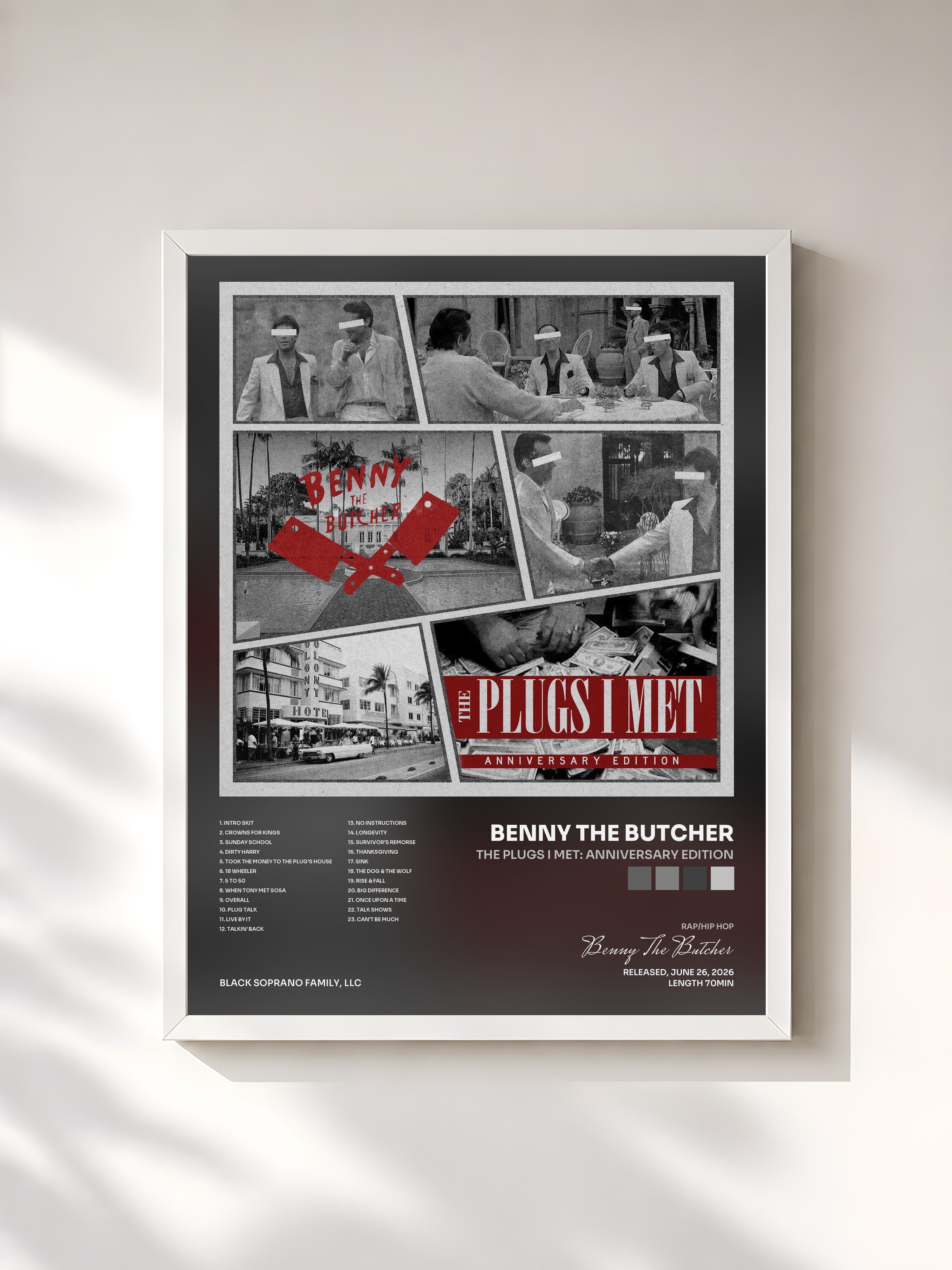 #blanc Tableau de l'album The Plugs I Met: Anniversary Edition de Benny The Butcher, cadre blanc, imprimé et encadré en France