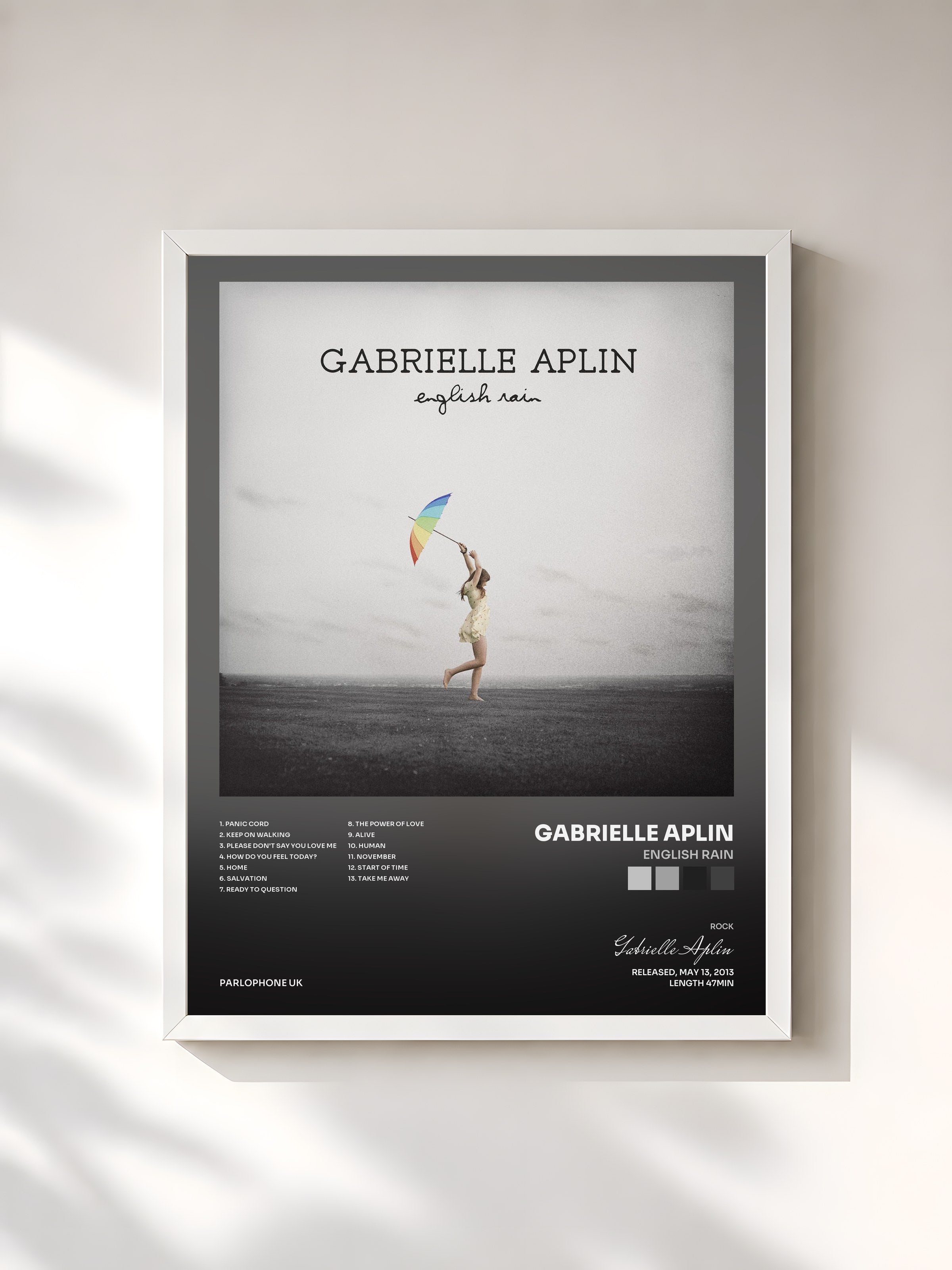 #blanc Tableau de l'album English Rain de Gabrielle Aplin, cadre blanc, imprimé et encadré en France