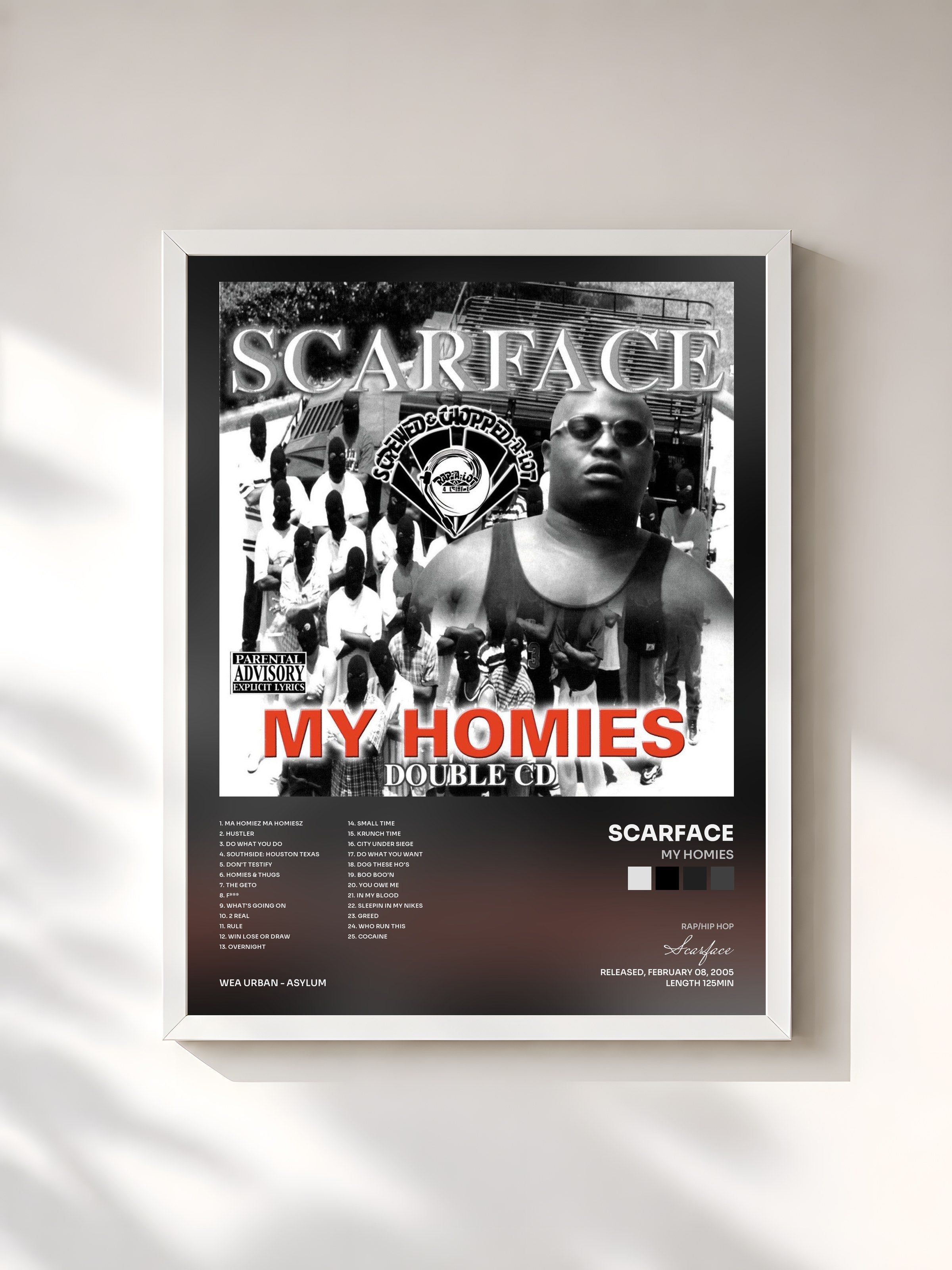 #blanc Tableau de l'album My Homies de Scarface, cadre blanc, imprimé et encadré en France